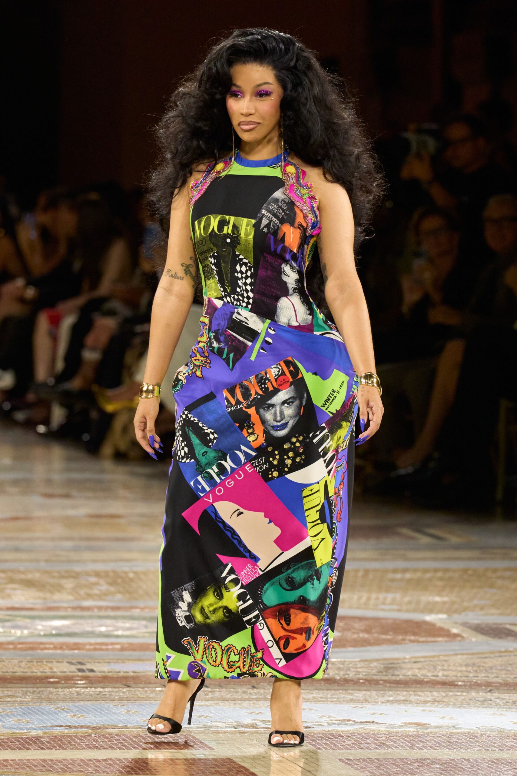magazine collage halter maxi dress