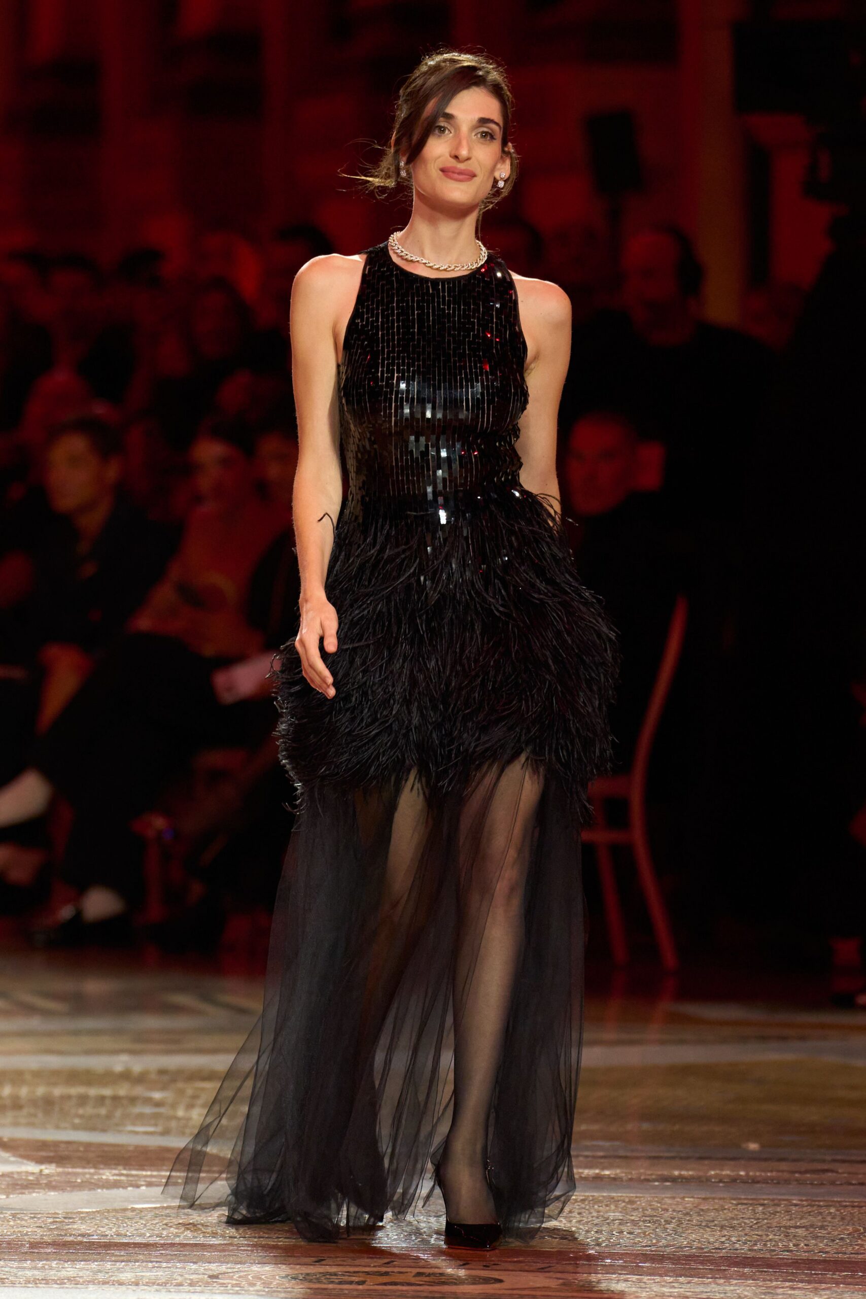 black feathered sequin evening gown