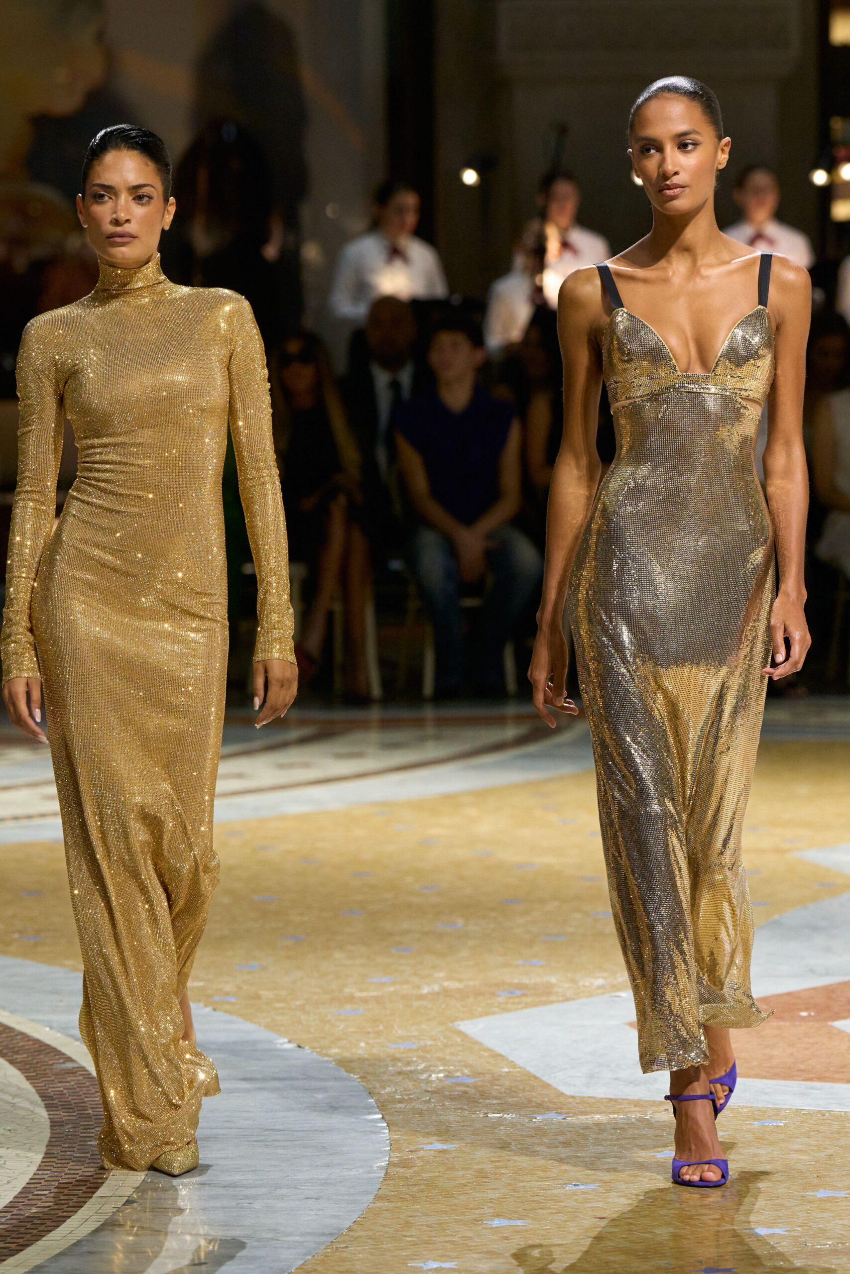 gold metallic turtleneck evening gown