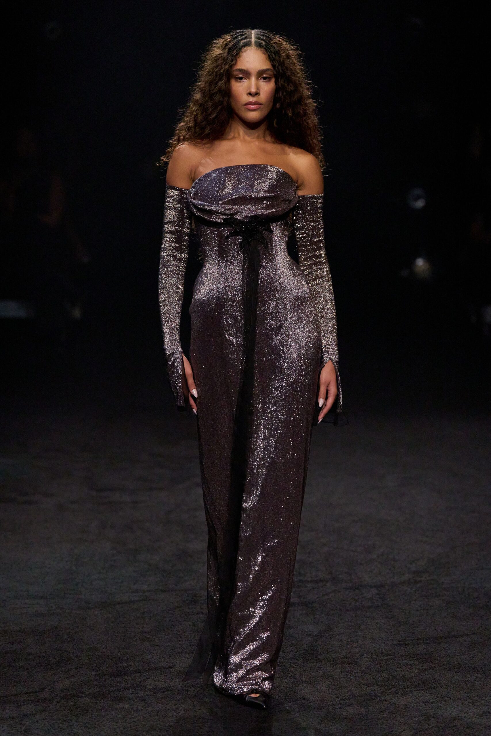 metallic off-shoulder wide-leg jumpsuit
