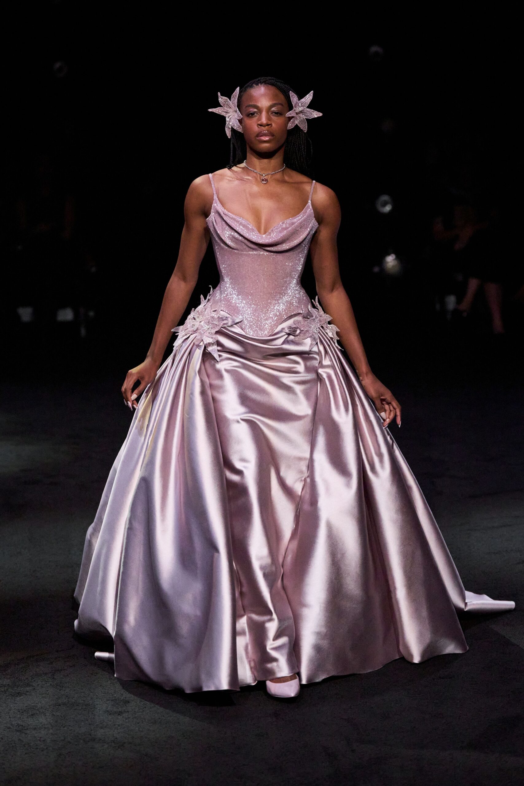 pink satin cowl-neck ball gown