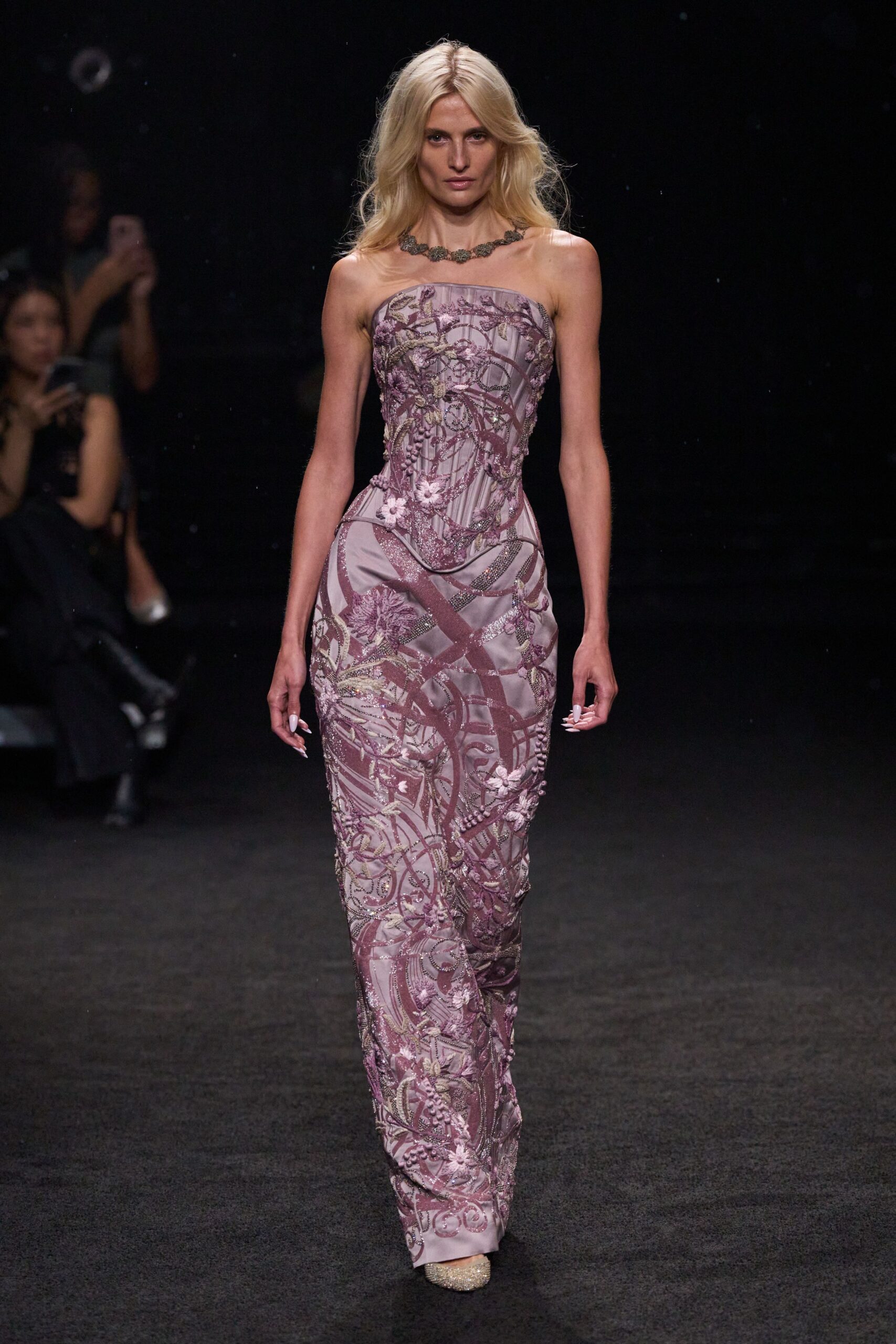 pink satin strapless fitted beaded floral gown