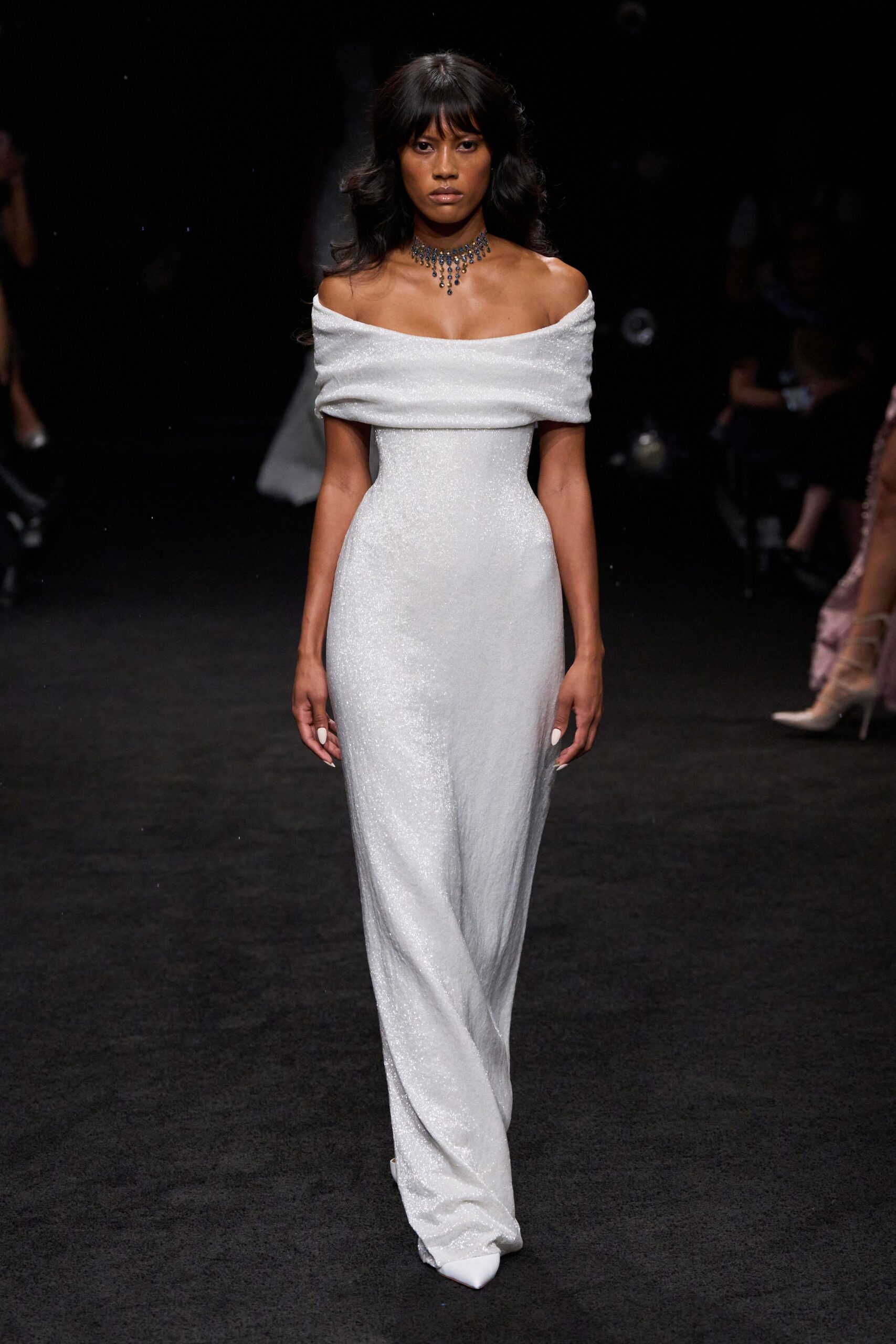 off-shoulder white column gown