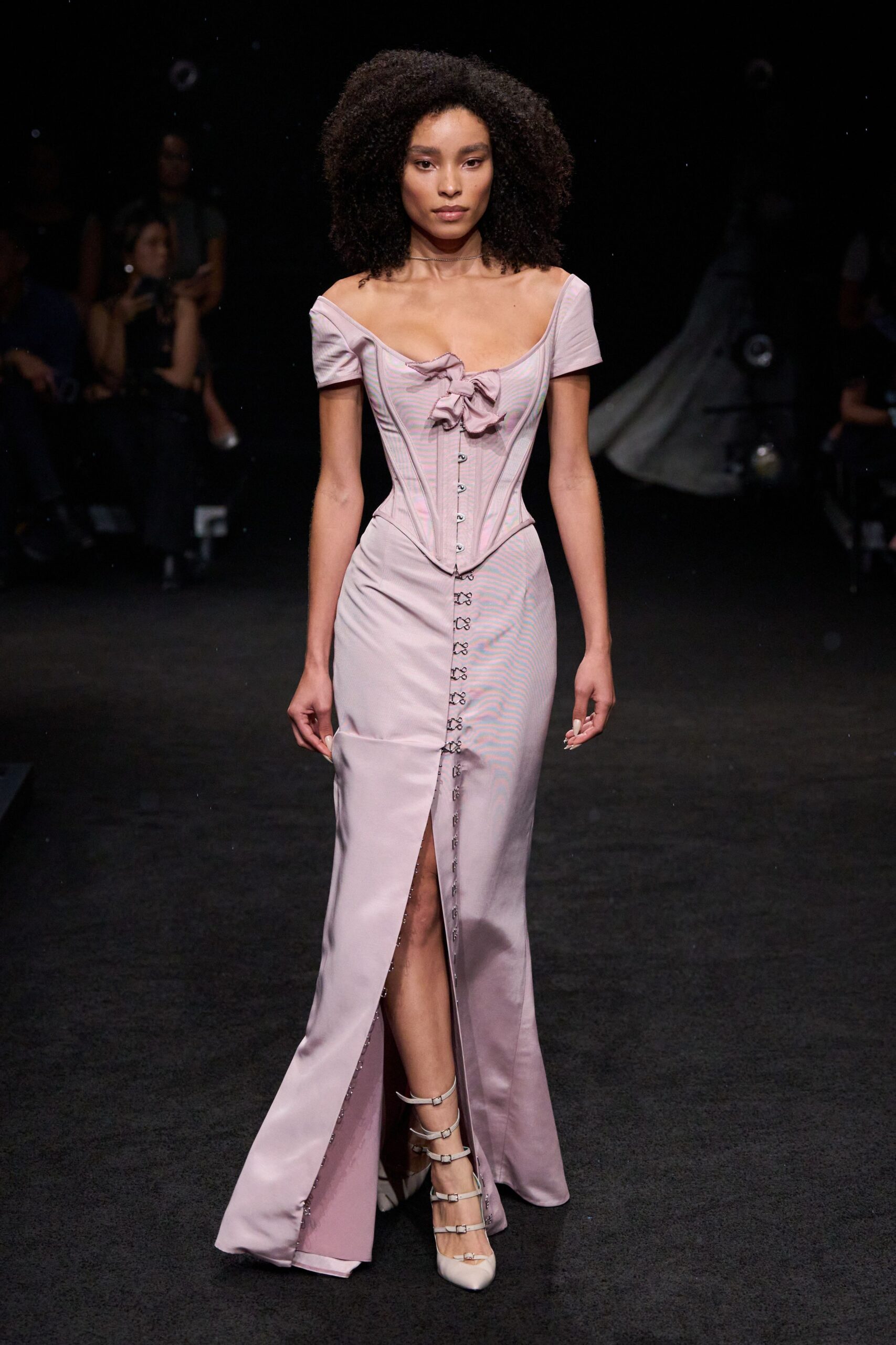 pink corseted off-shoulder evening gown