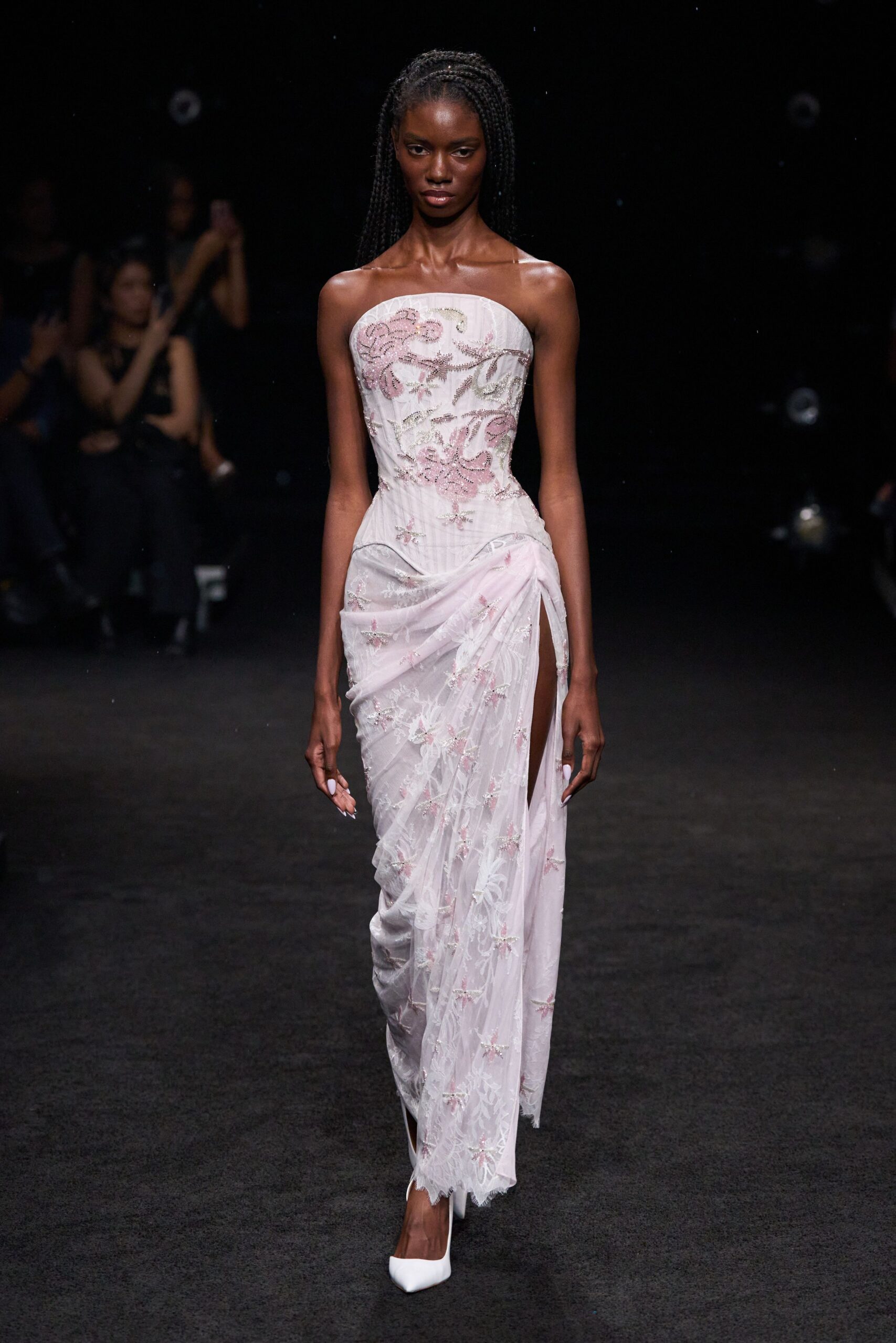 strapless floral embroidered draped gown