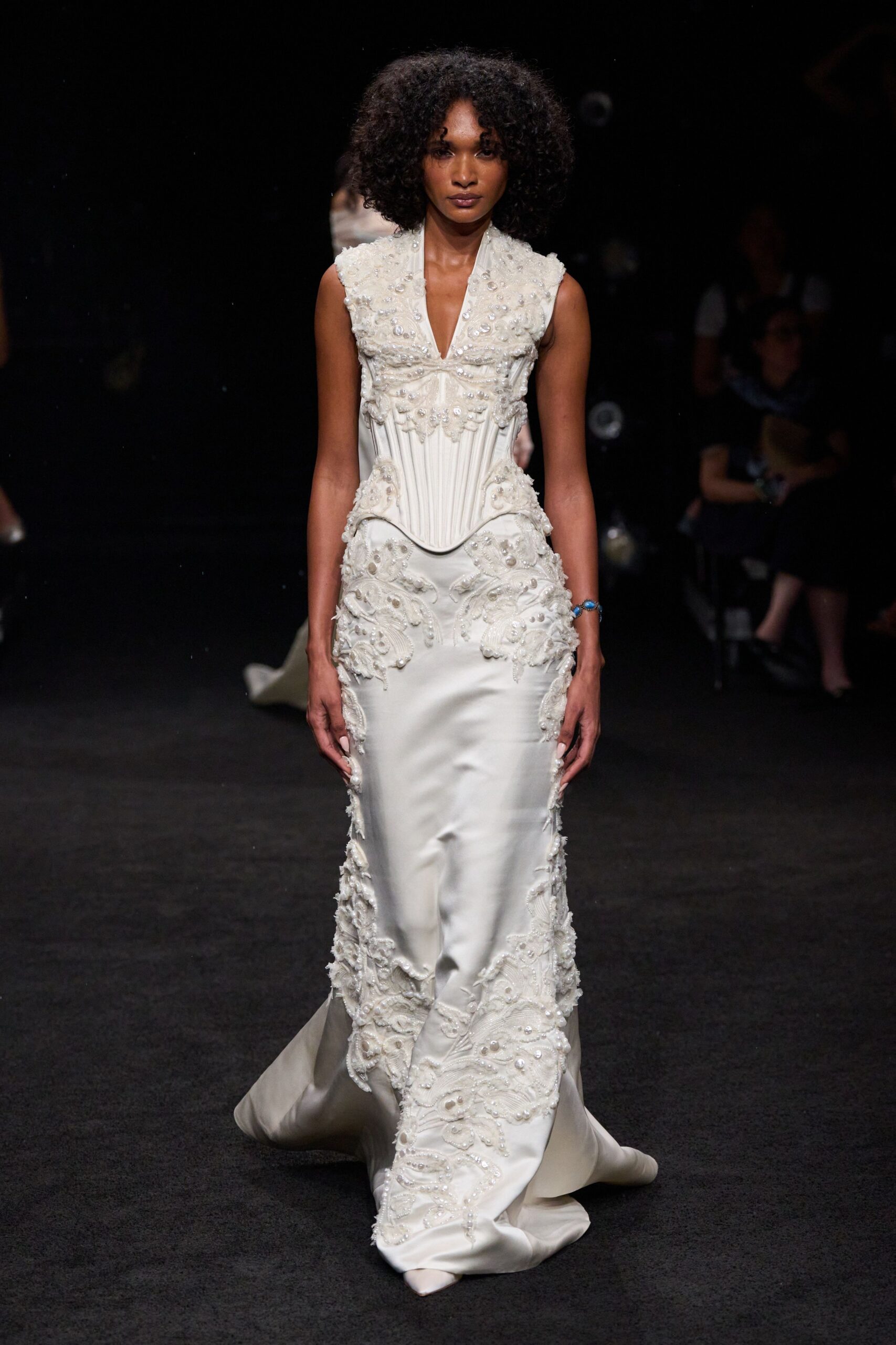 beaded corseted ivory evening gown
