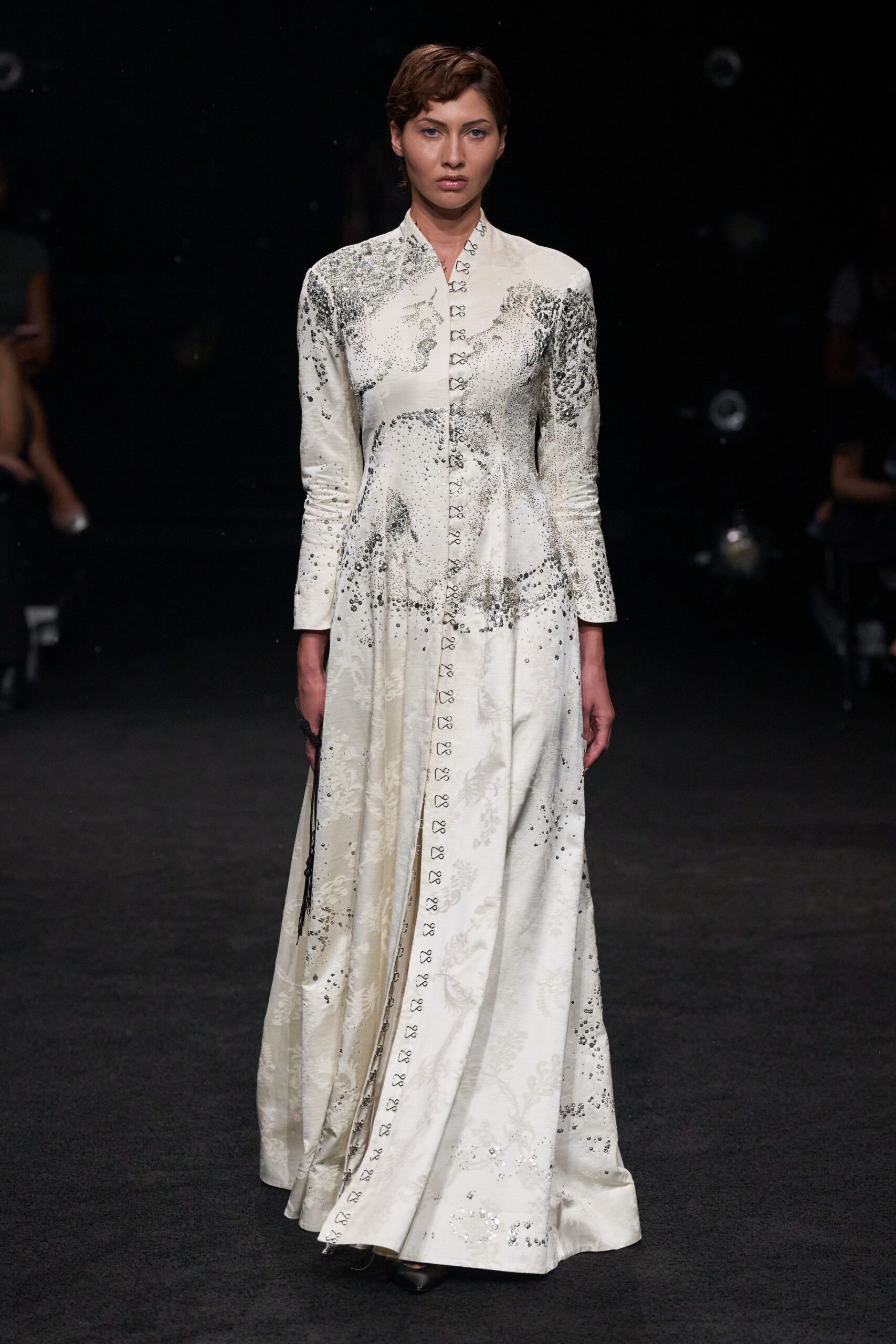 ivory printed front-button evening gown