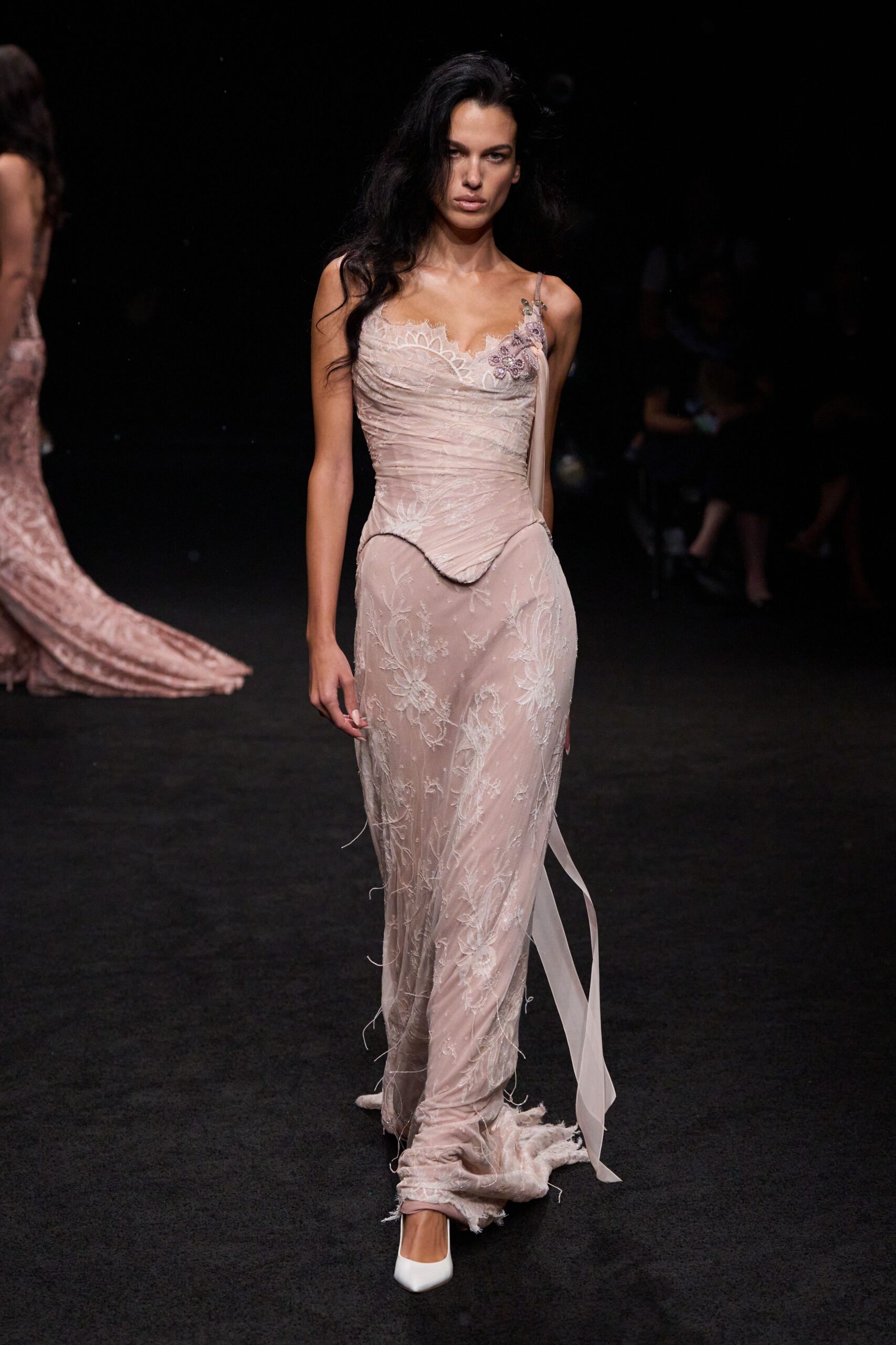 pink lace spaghetti-strap sweetheart fitted embroidered ruched gown