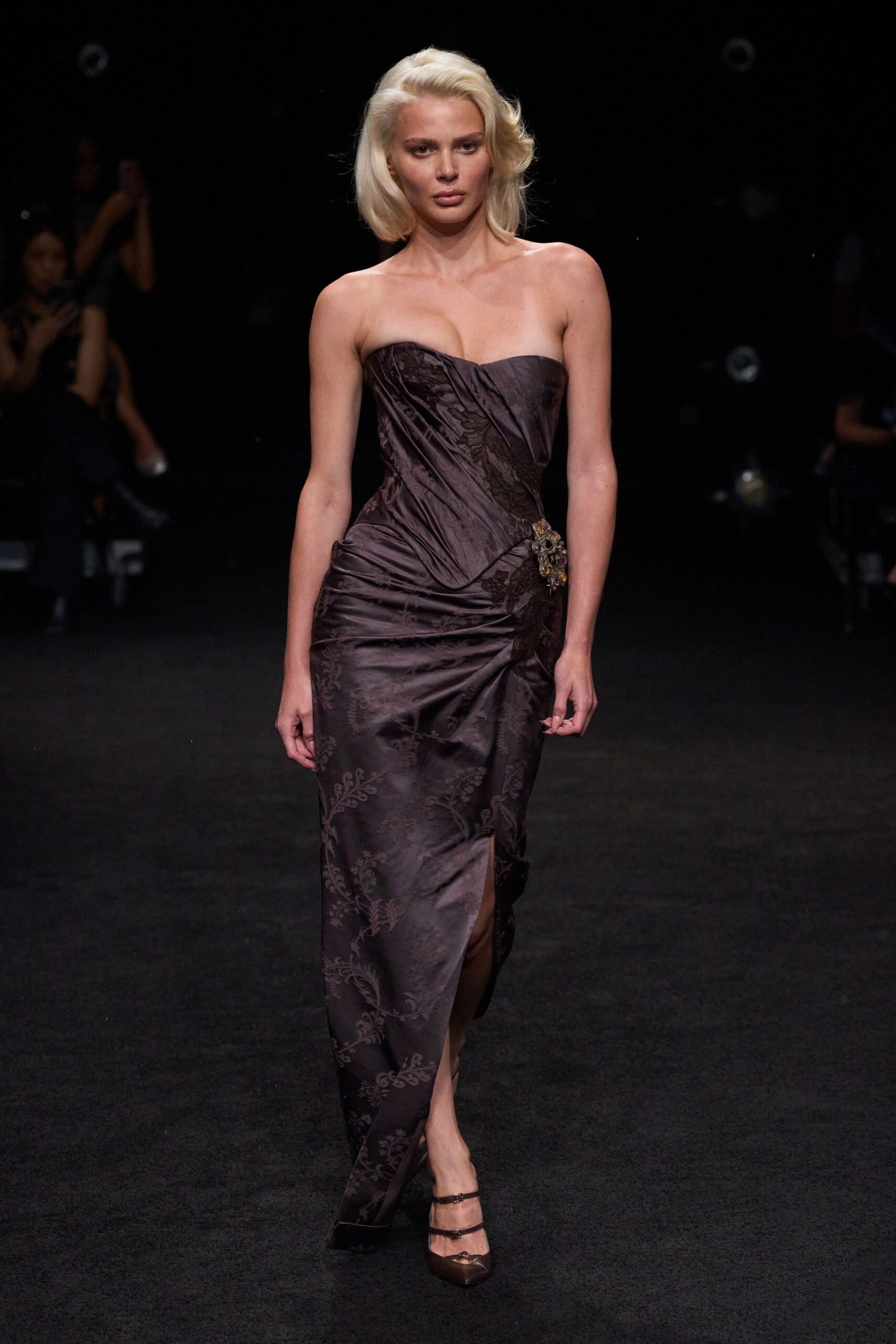 strapless corseted brocade evening gown