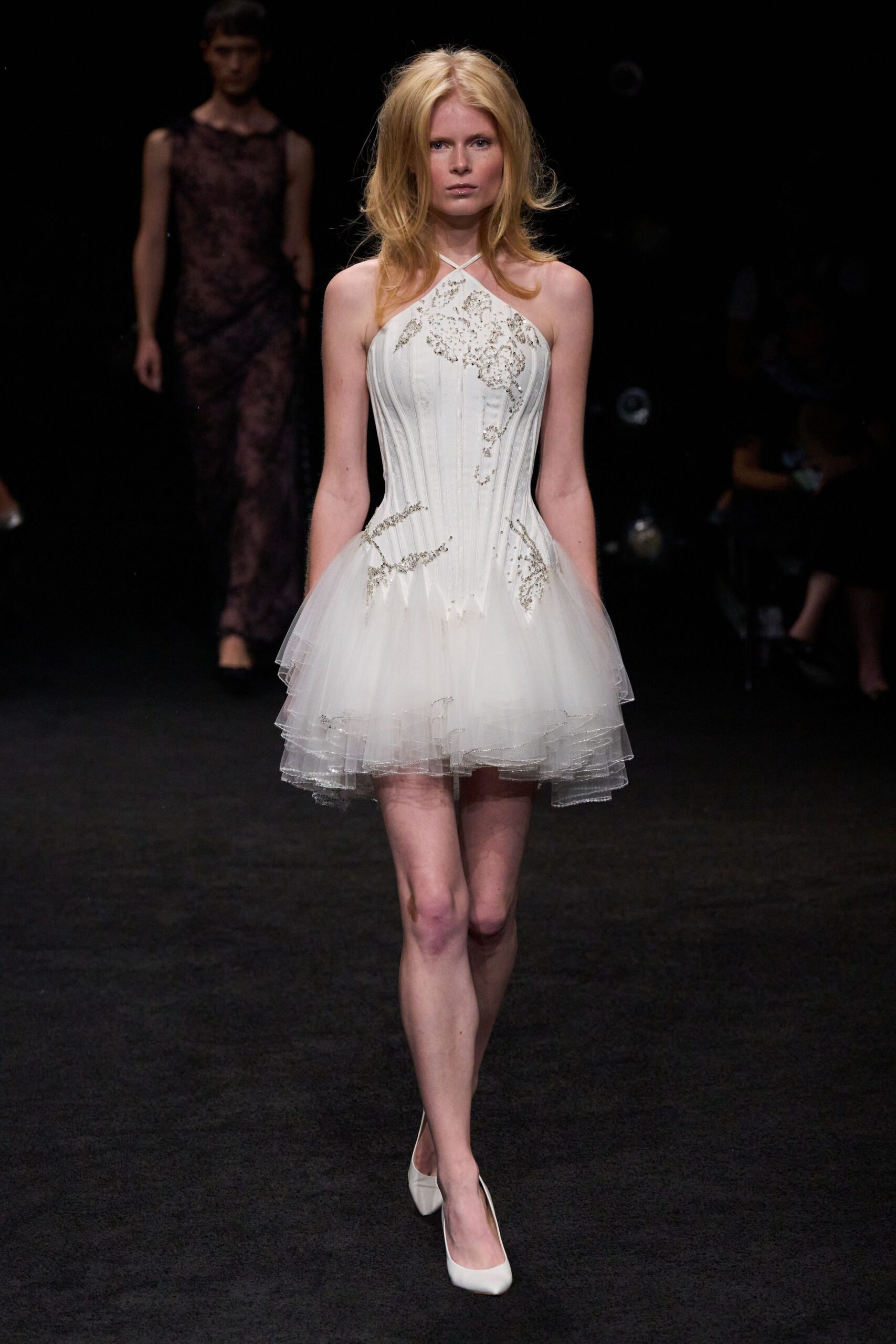 white halter tulle cocktail dress