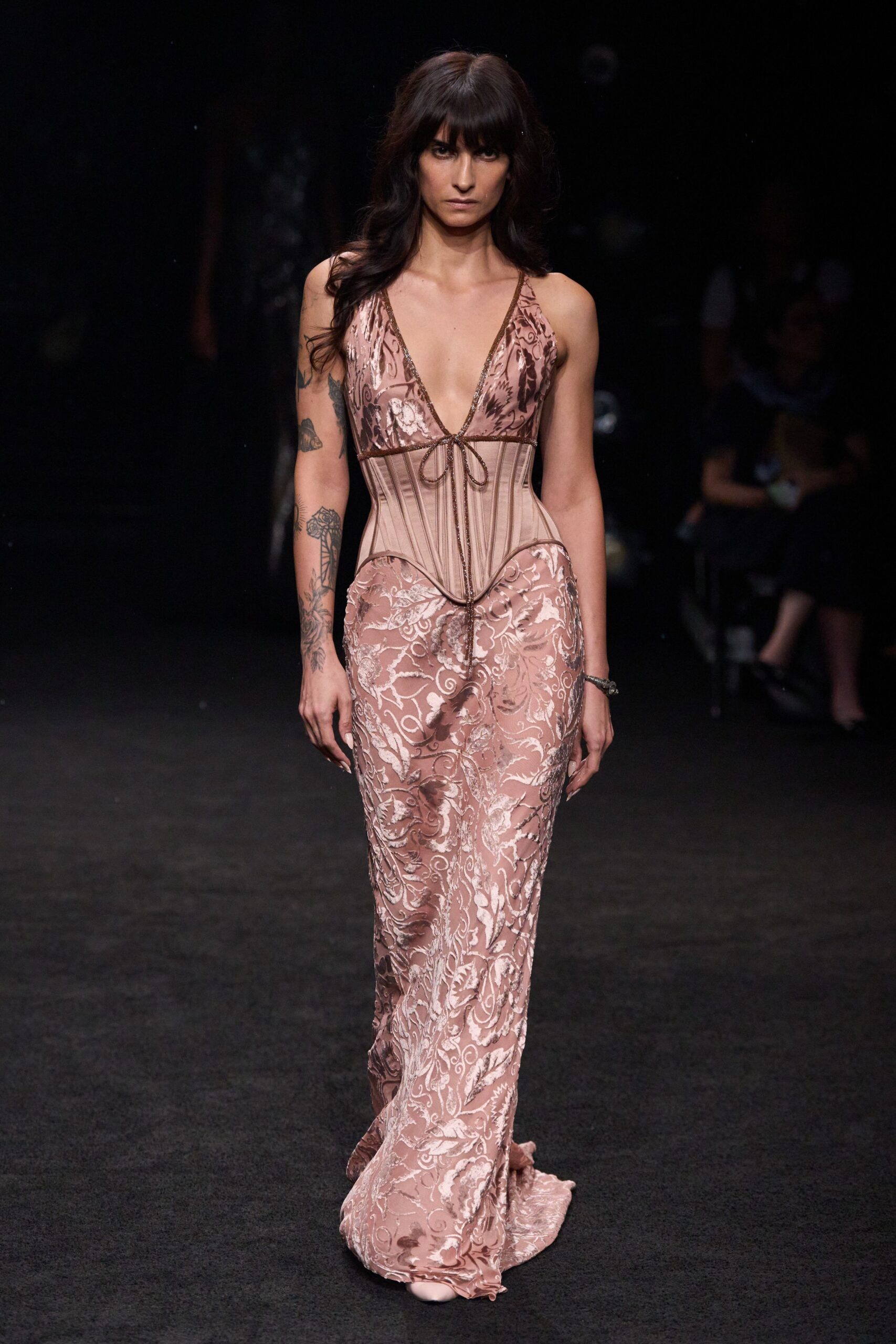 pink brocade sleeveless spaghetti-strap fitted floral embellished gown