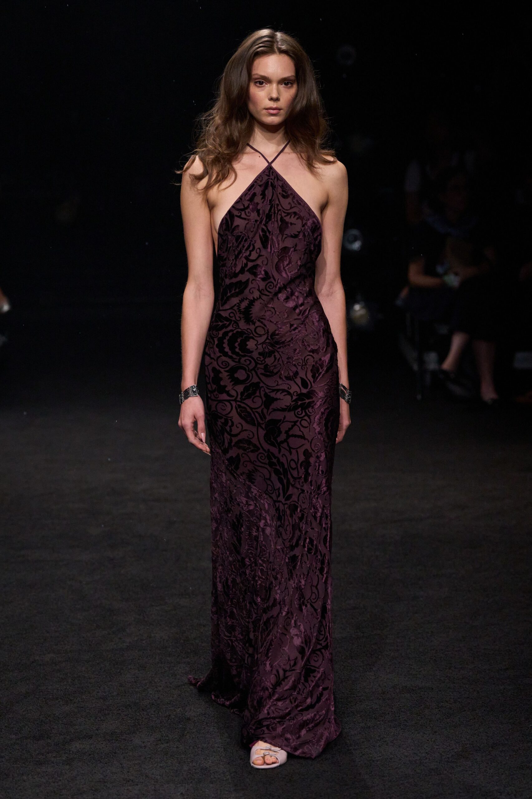 purple velvet burnout halter gown