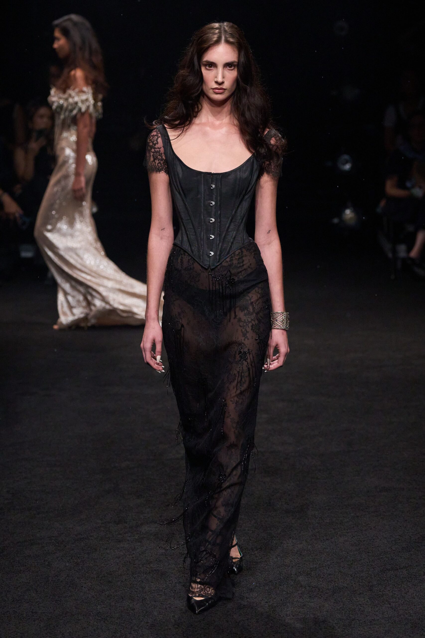 black lace embroidered embellished sheer textured maxi skirt
