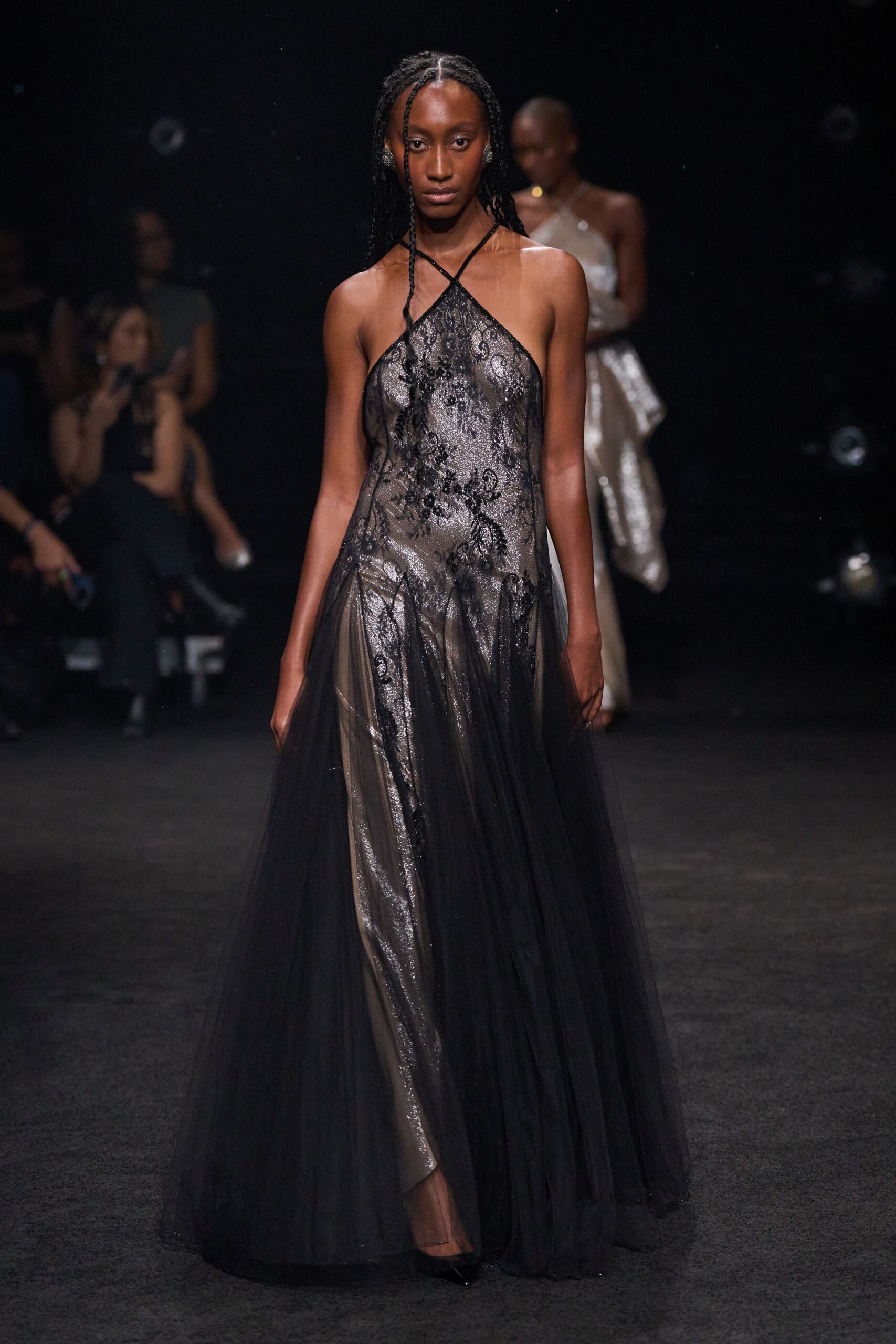 sheer halter lace evening gown