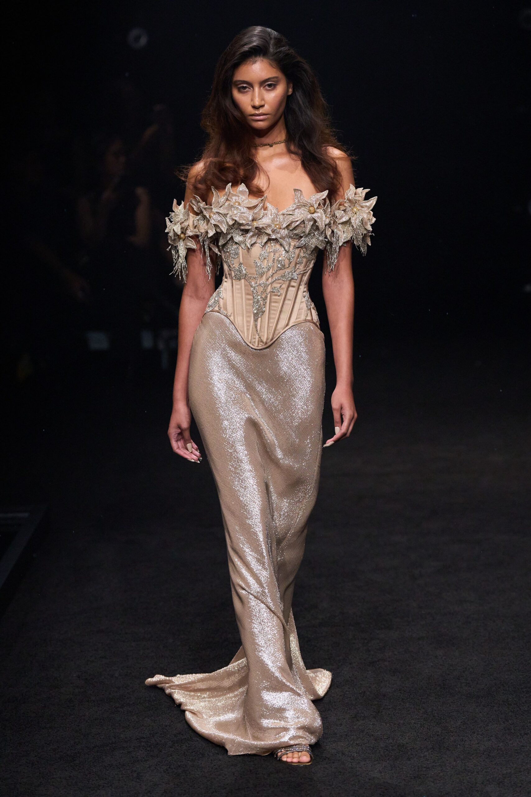 champagne corseted floral appliqué evening gown