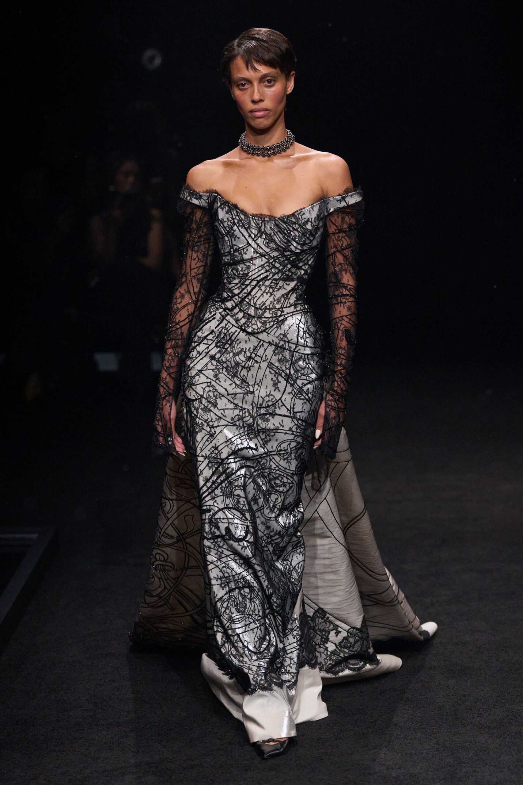 off-shoulder lace embroidered evening gown