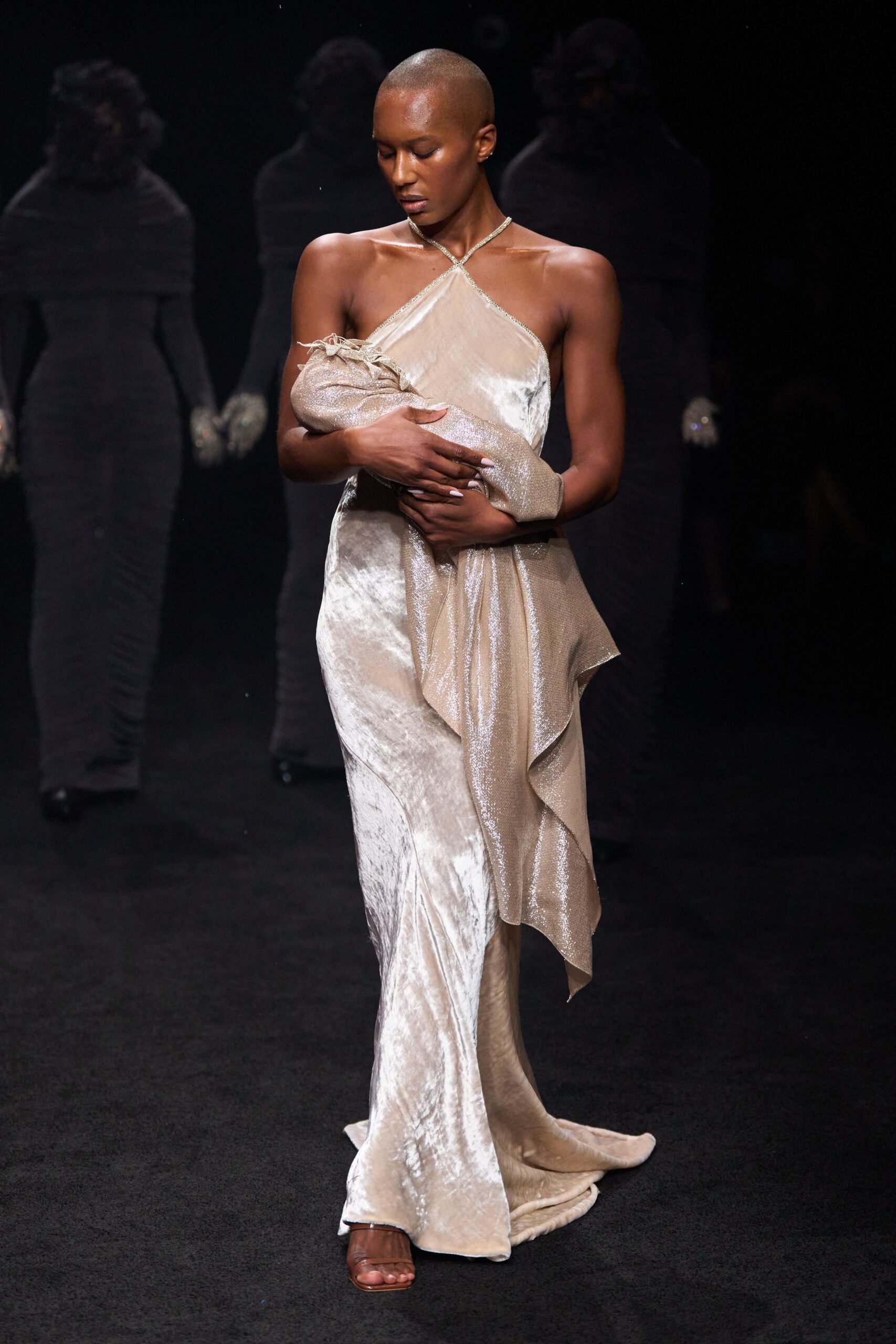 ivory halter velvet evening gown