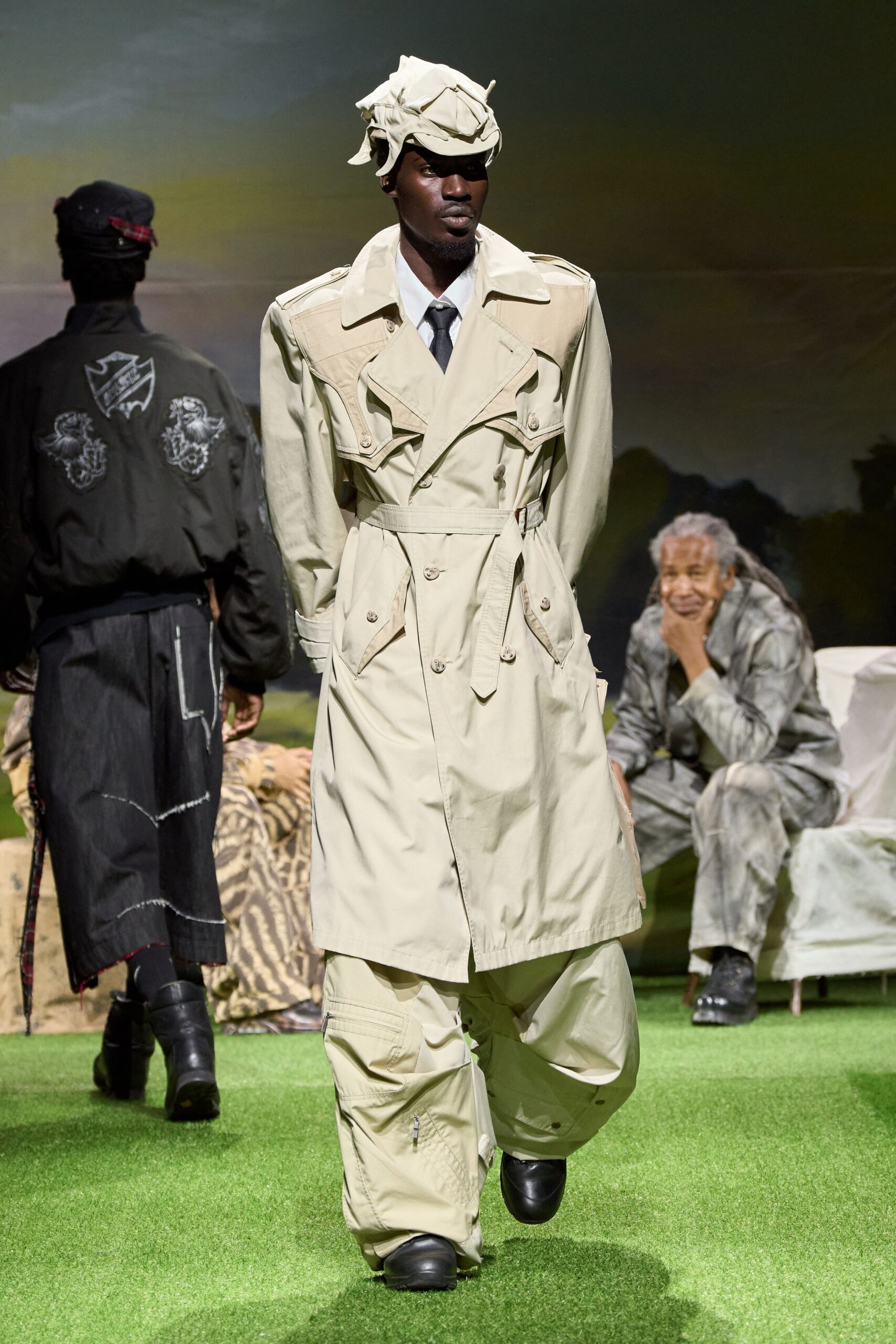 beige double-breasted trench coat