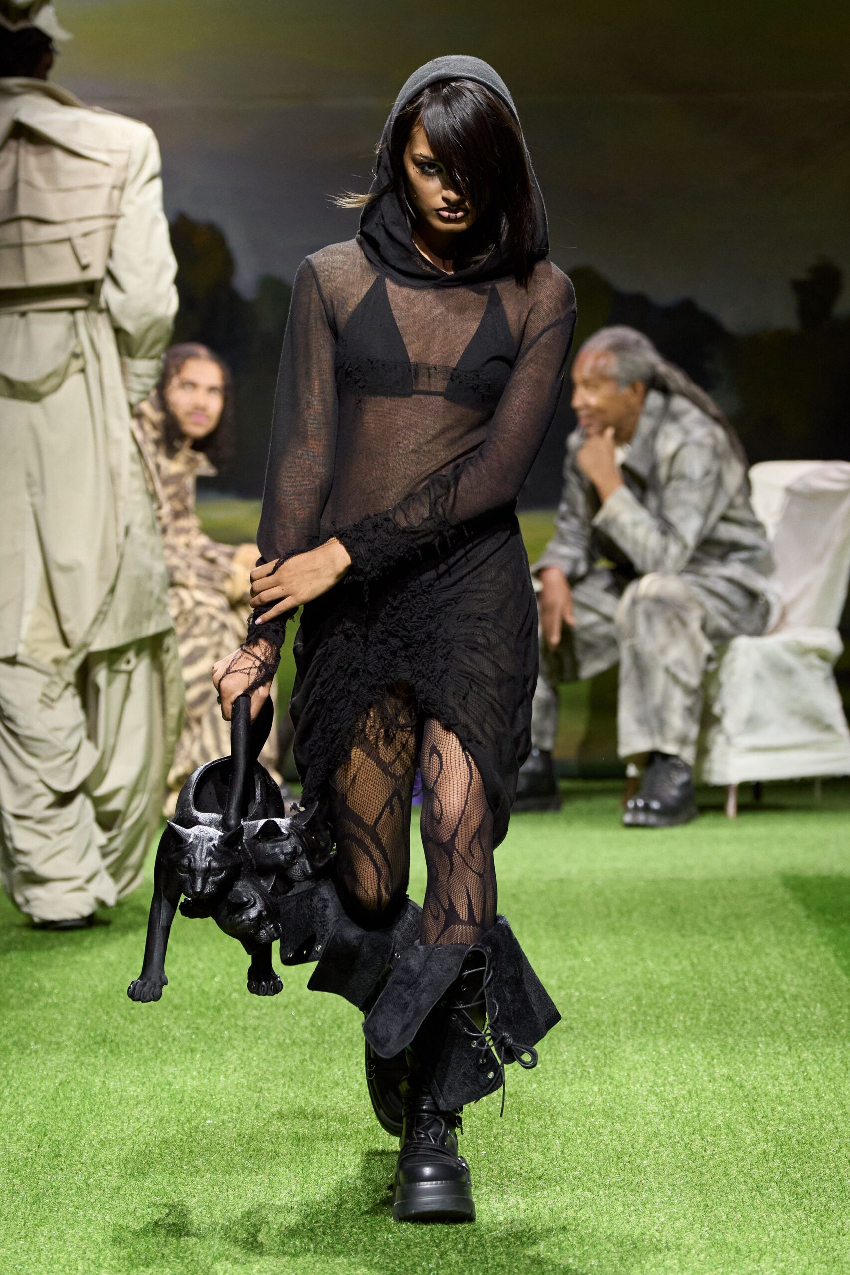 hooded sheer black mesh dress