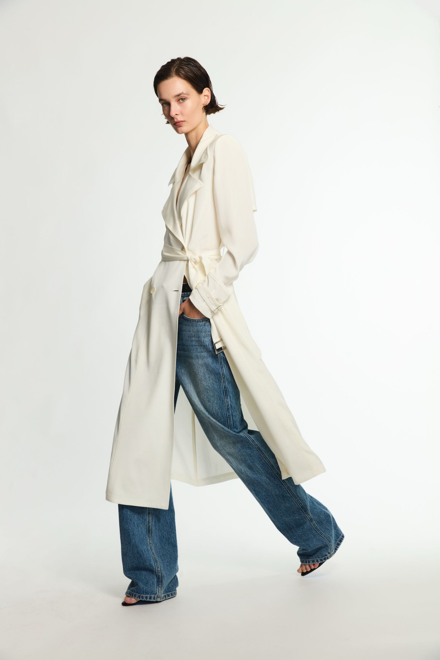 ivory draped trench coat