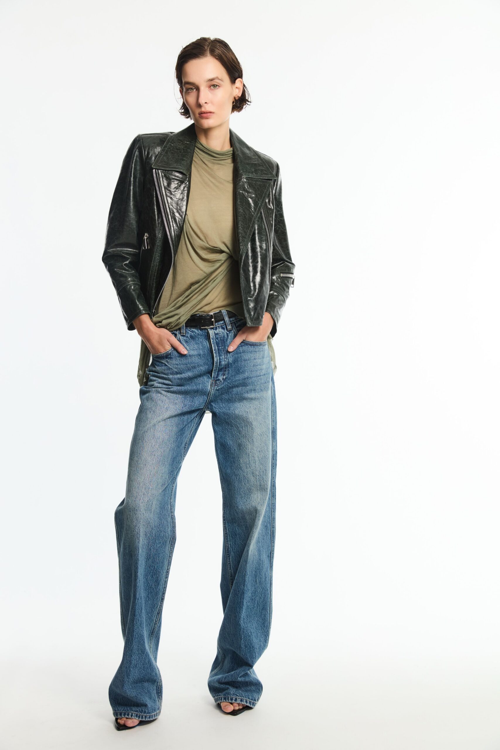 green jersey high-neck relaxed draped flowing top