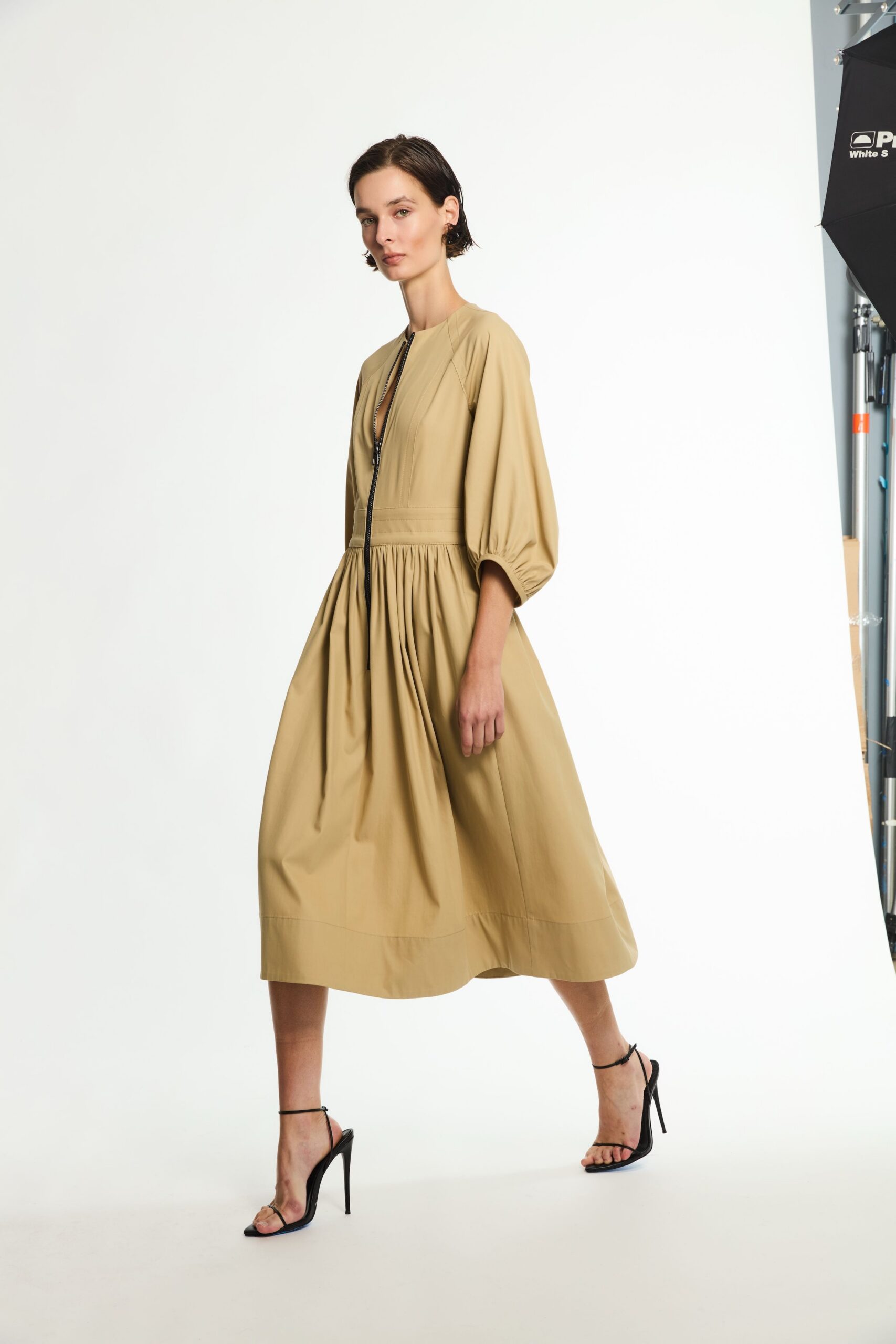 beige drop-waist midi dress