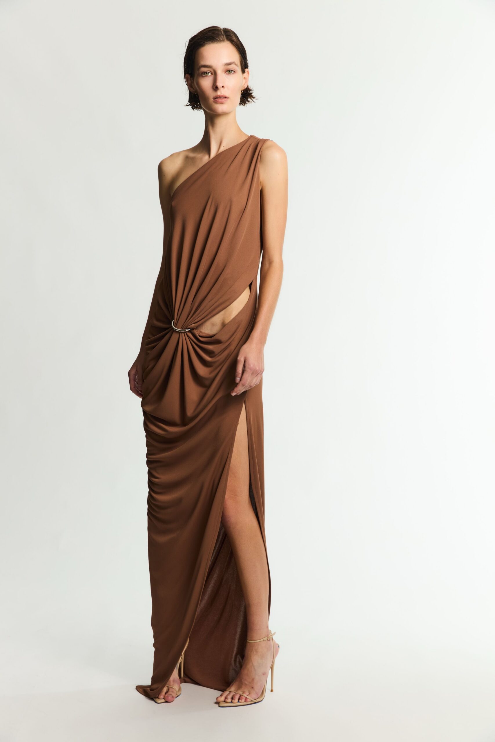 one-shoulder draped cutout evening gown