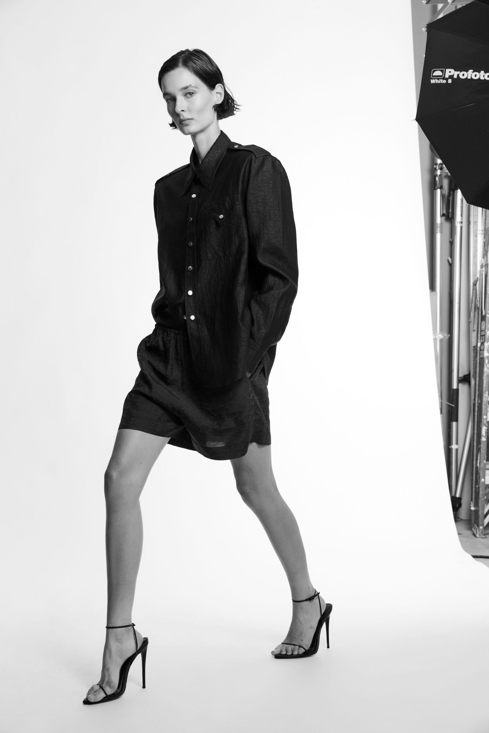 black utility shirt and shorts set