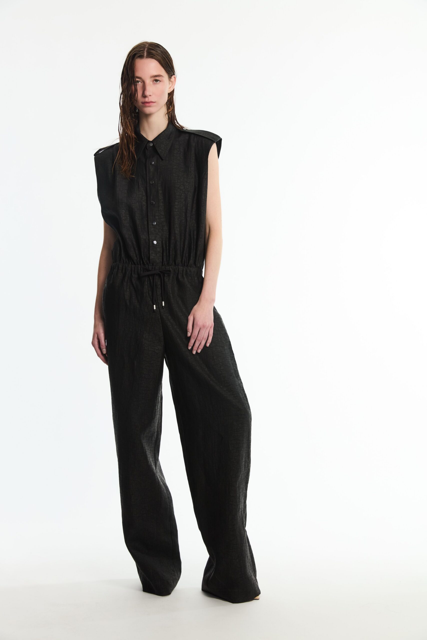 black sleeveless drawstring jumpsuit