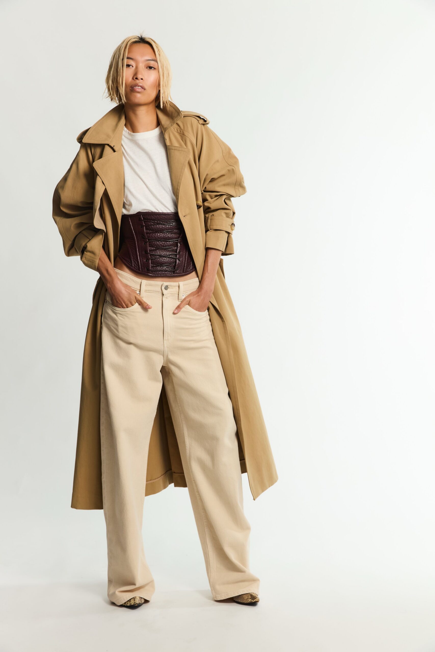 oversized tan trench coat