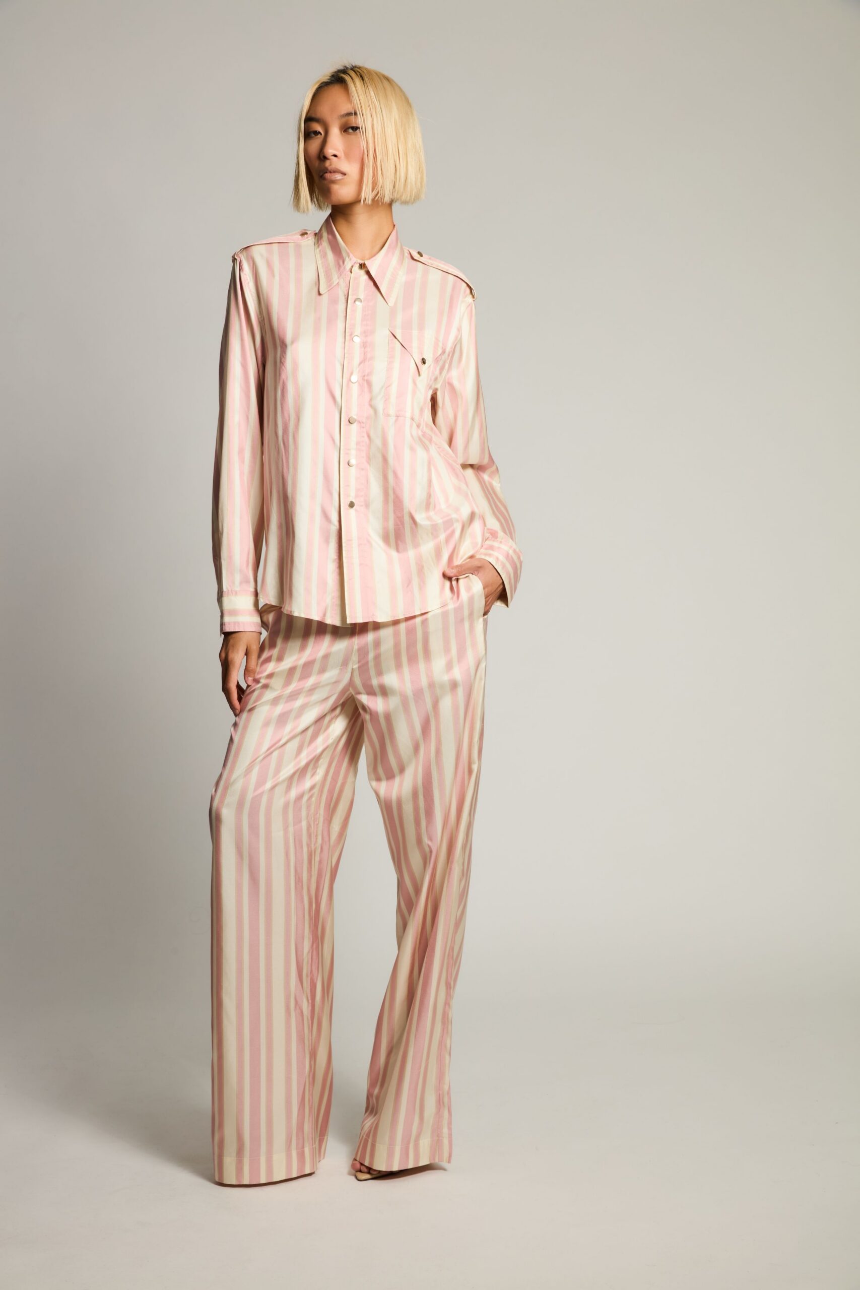 pink satin long-sleeve collared striped buttoned shiny shirt