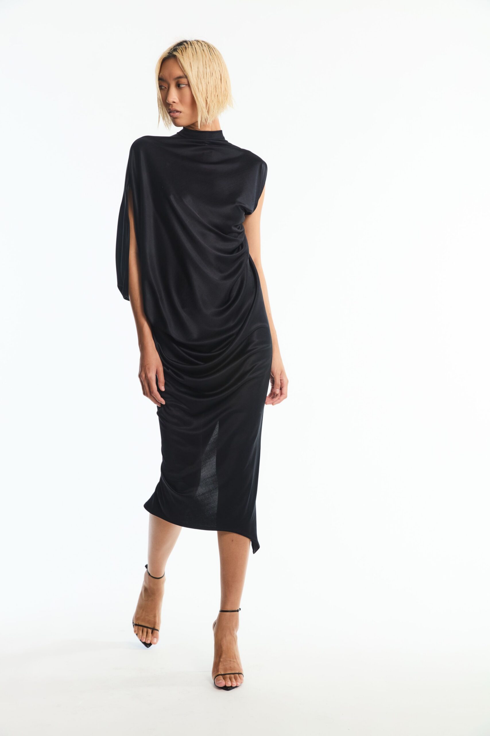 asymmetric draped black midi dress