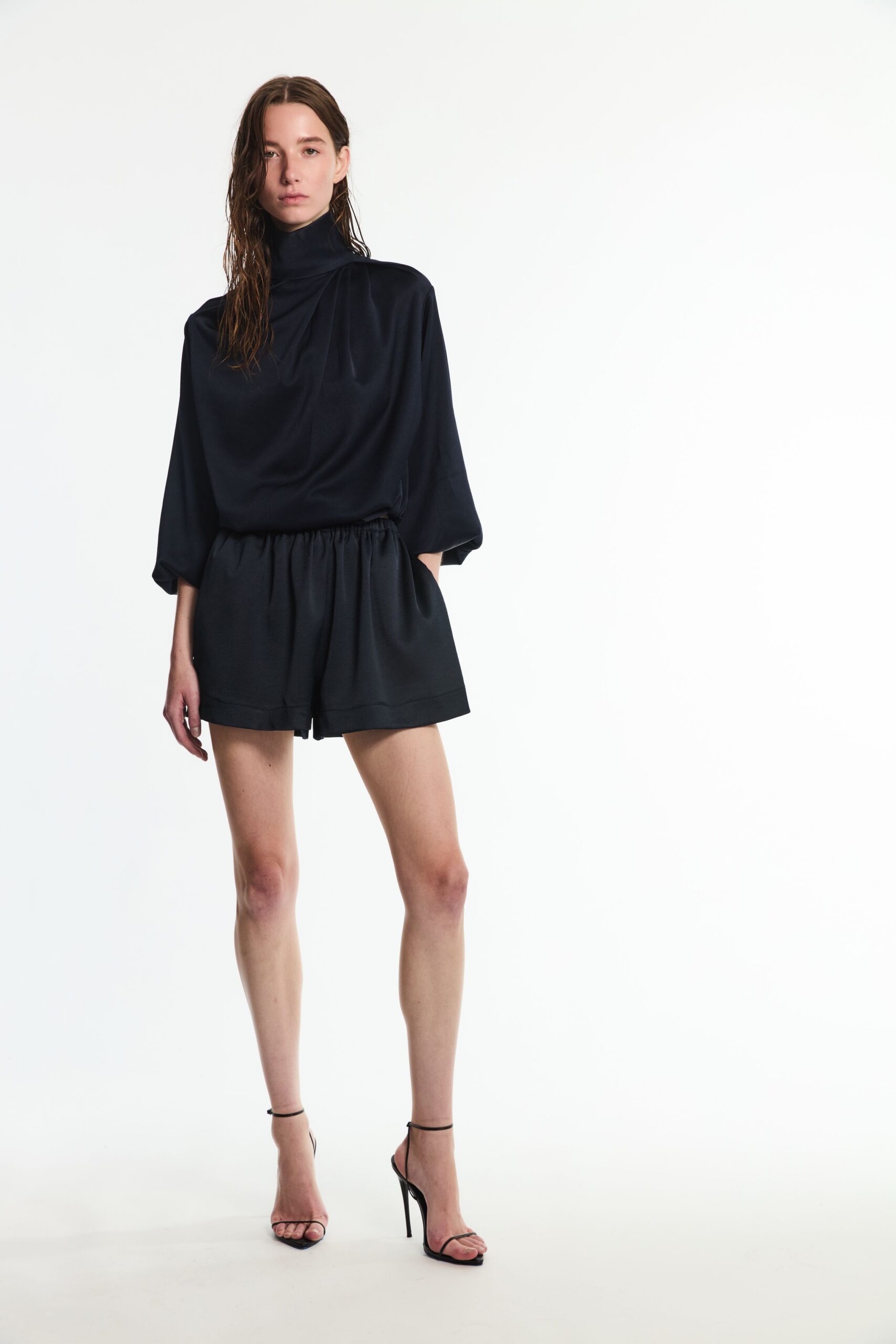 black draped high-neck short jumpsuit