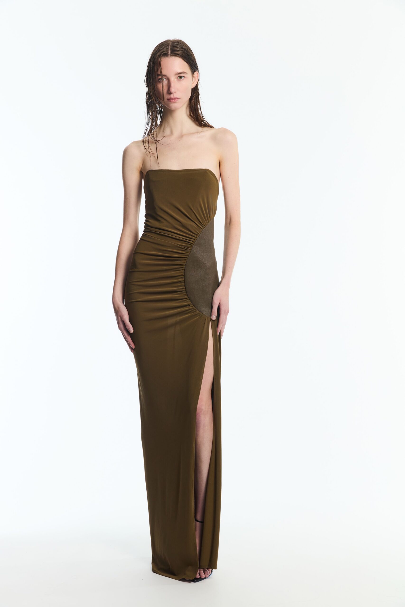 ruched strapless column gown