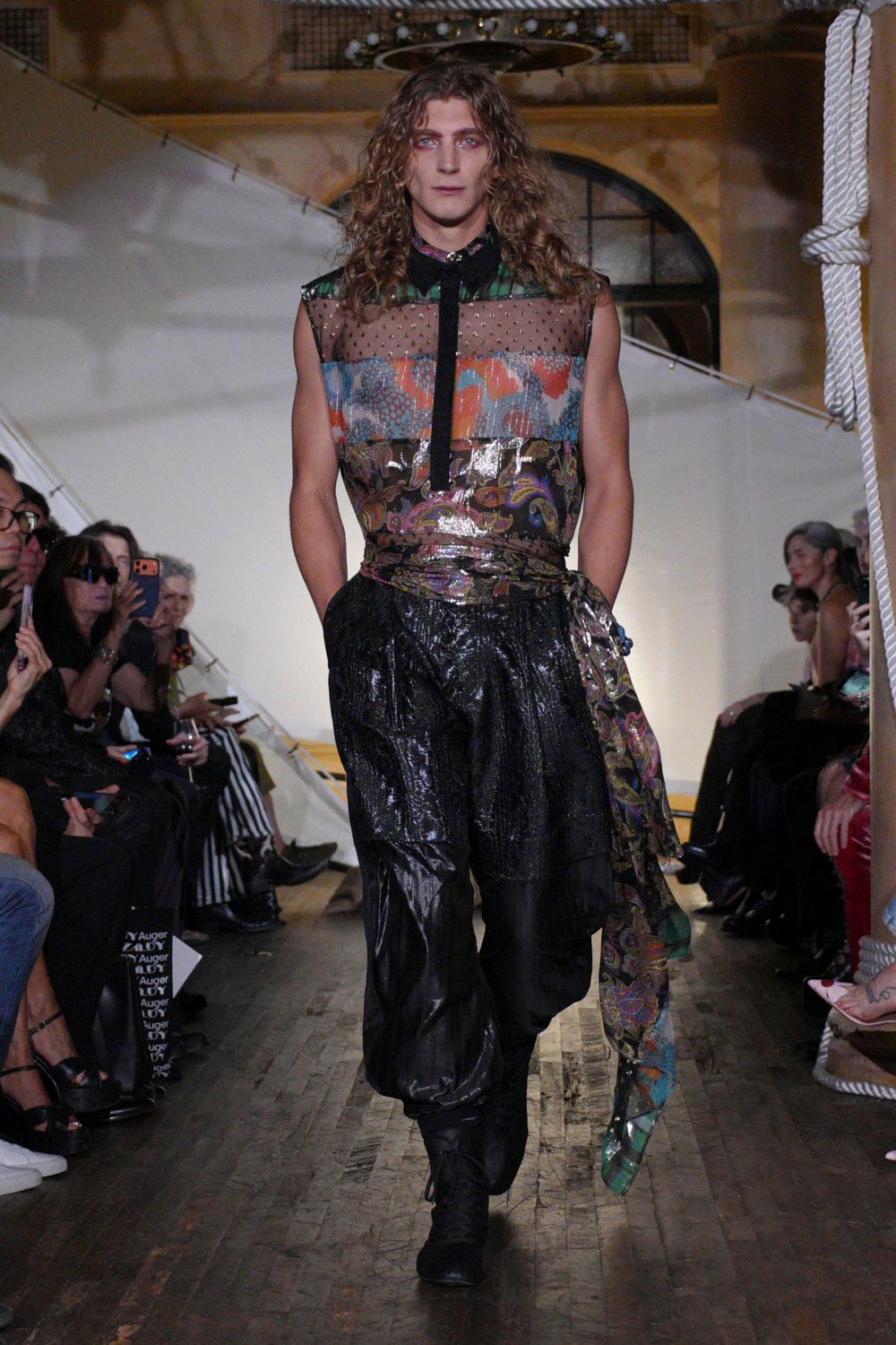 black unknown relaxed wide-leg pockets shiny textured pants