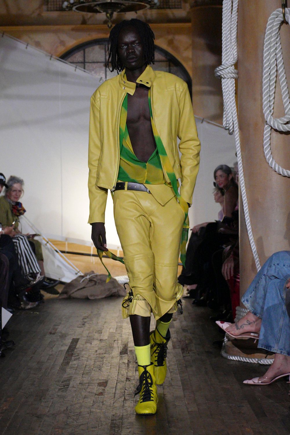 yellow leather moto jacket