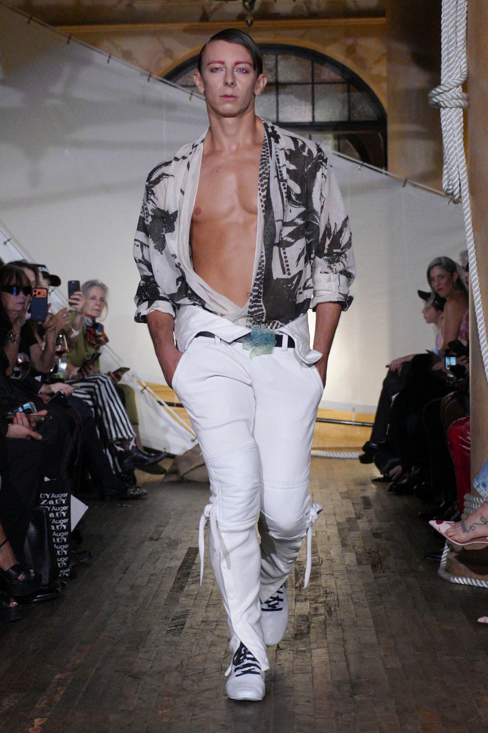 white unknown slim belted panelled textured pants