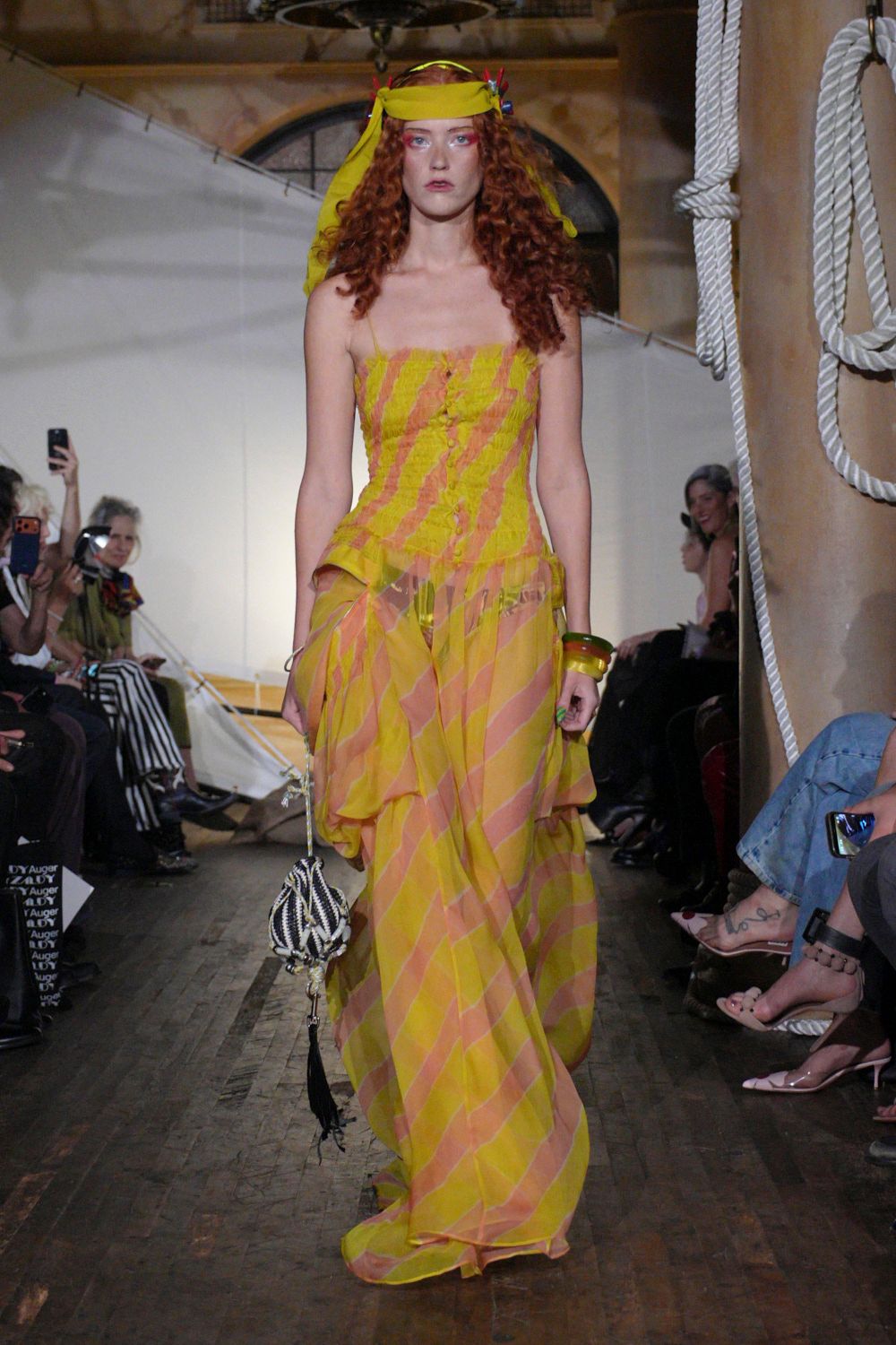 striped strapless chiffon evening gown