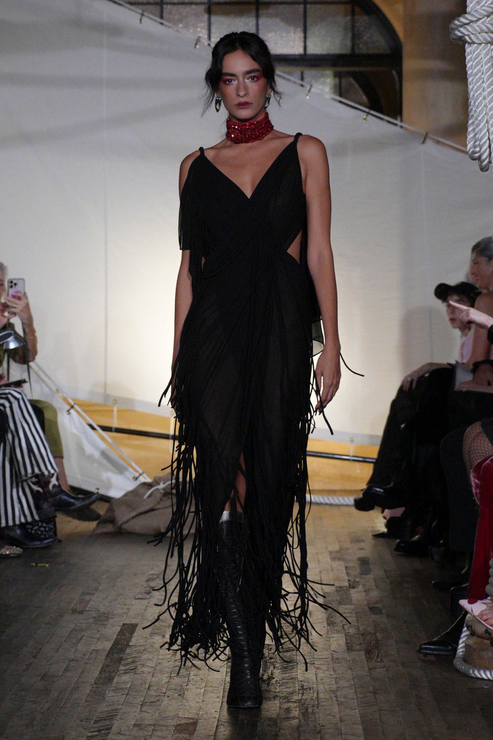 black chiffon spaghetti-strap v-neck fringed draped maxi-dress