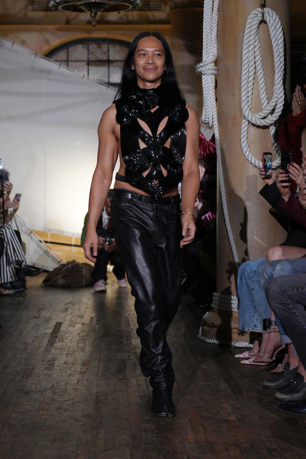 black leather relaxed shiny pants
