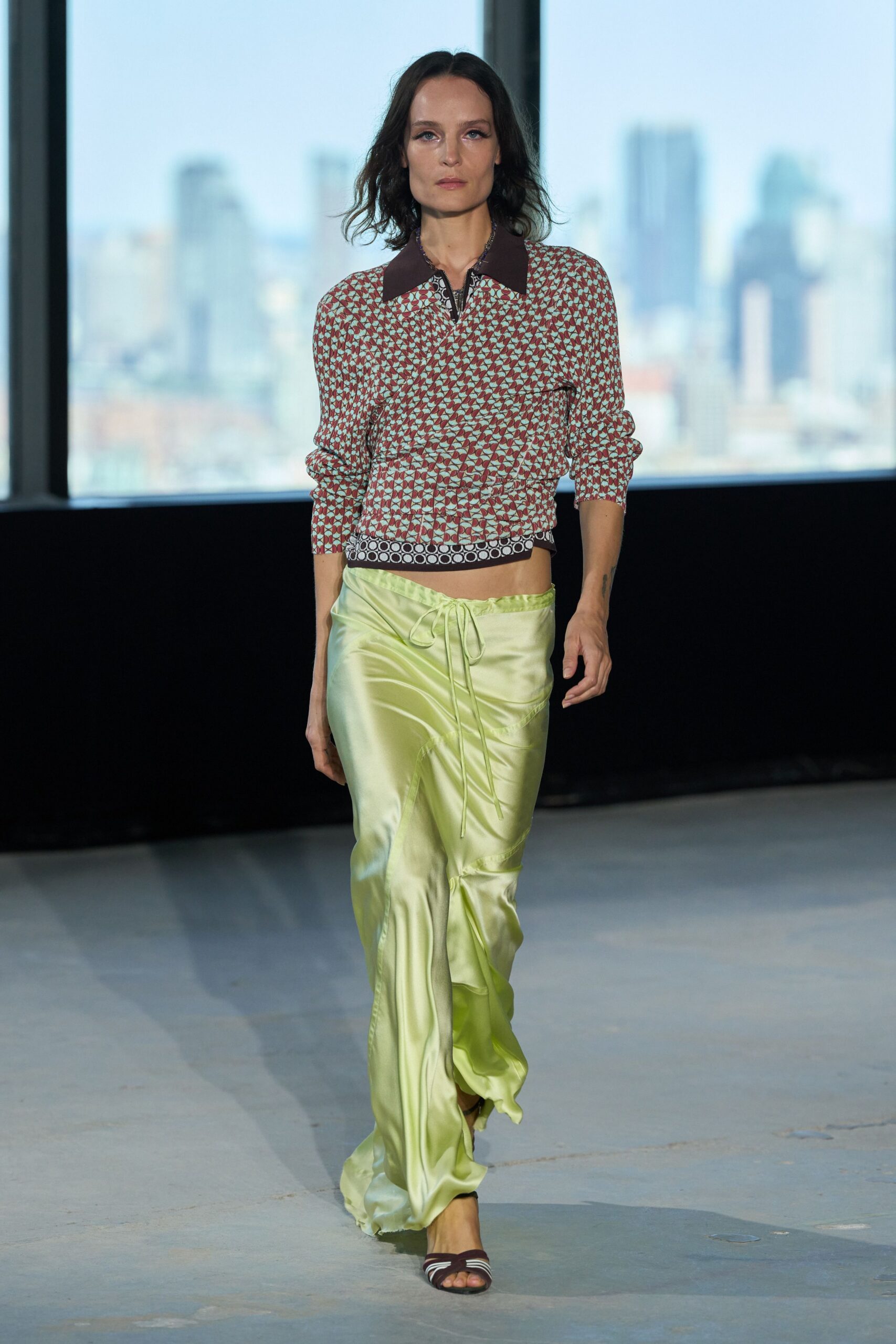 green satin drawstring draped shiny flowing maxi skirt