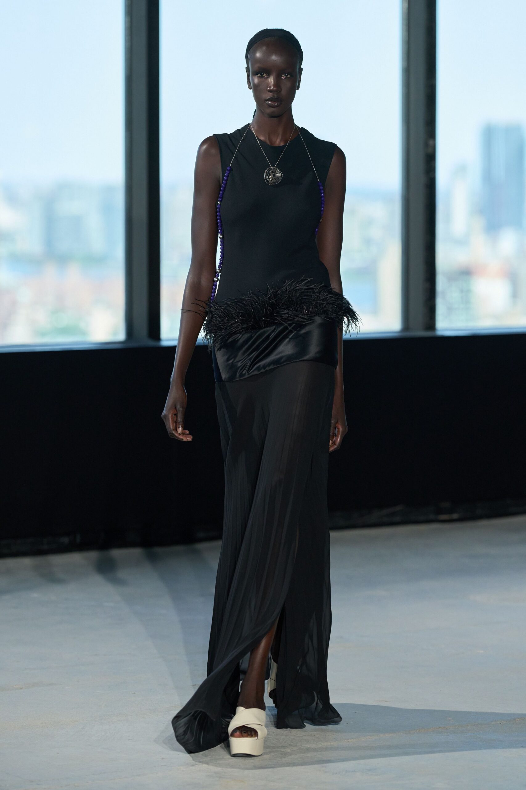 black feather-trim evening gown