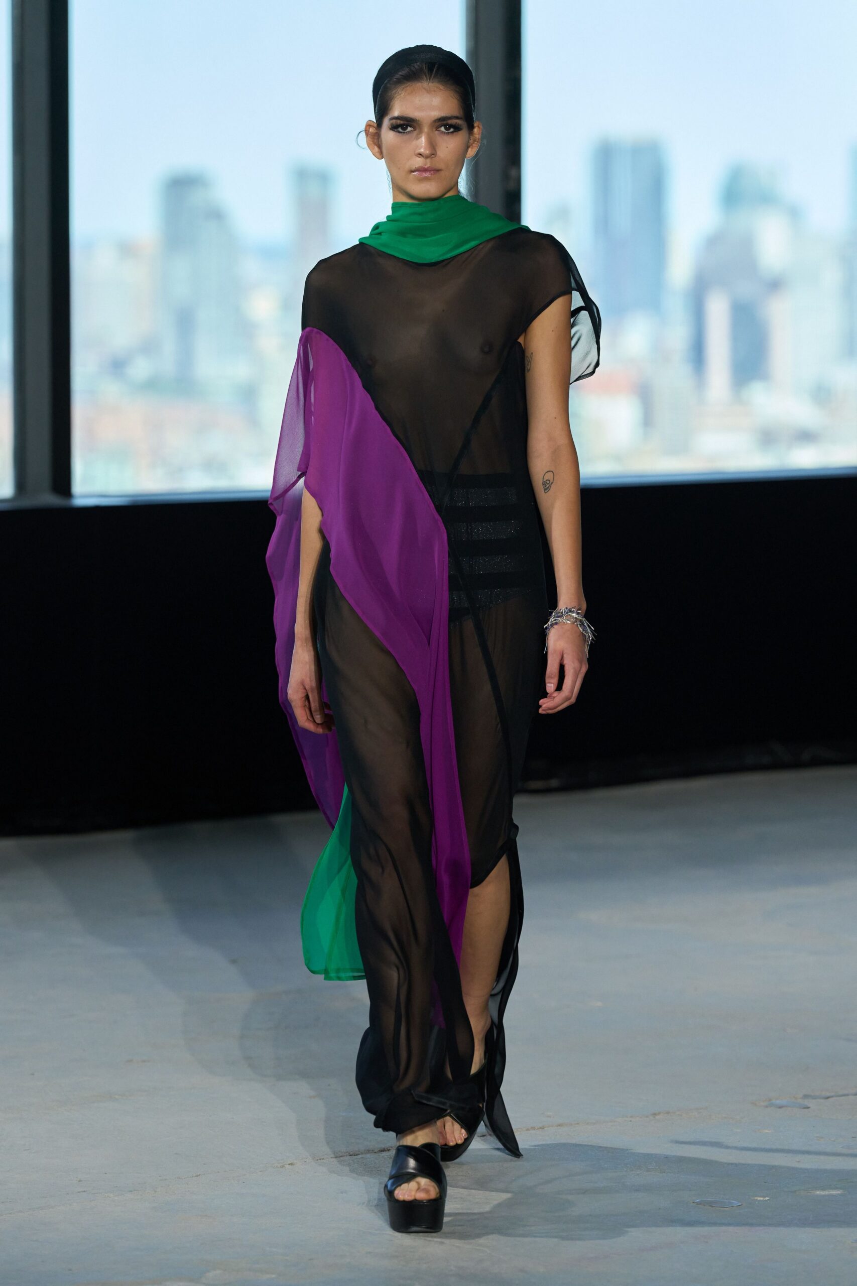 sheer color-block chiffon evening gown