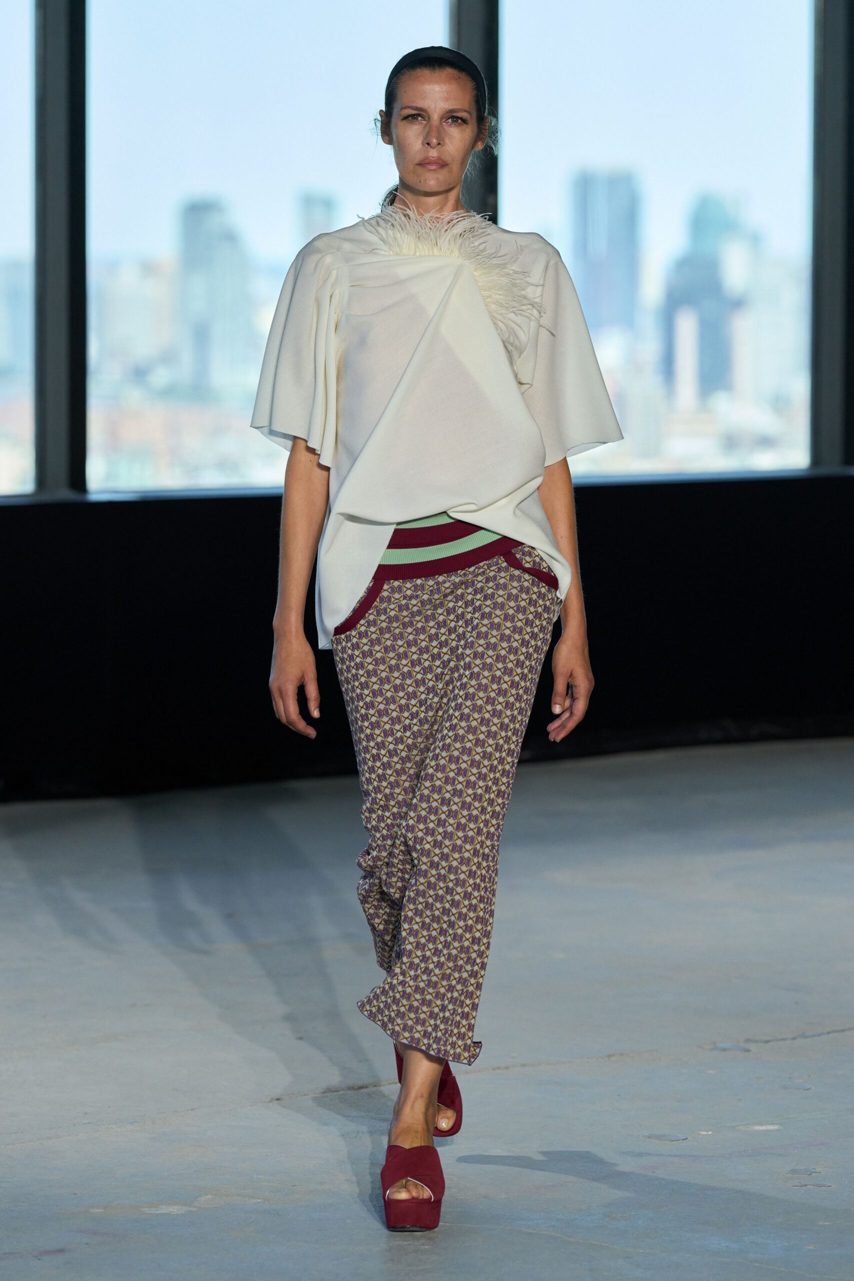 ivory feather-trim draped top