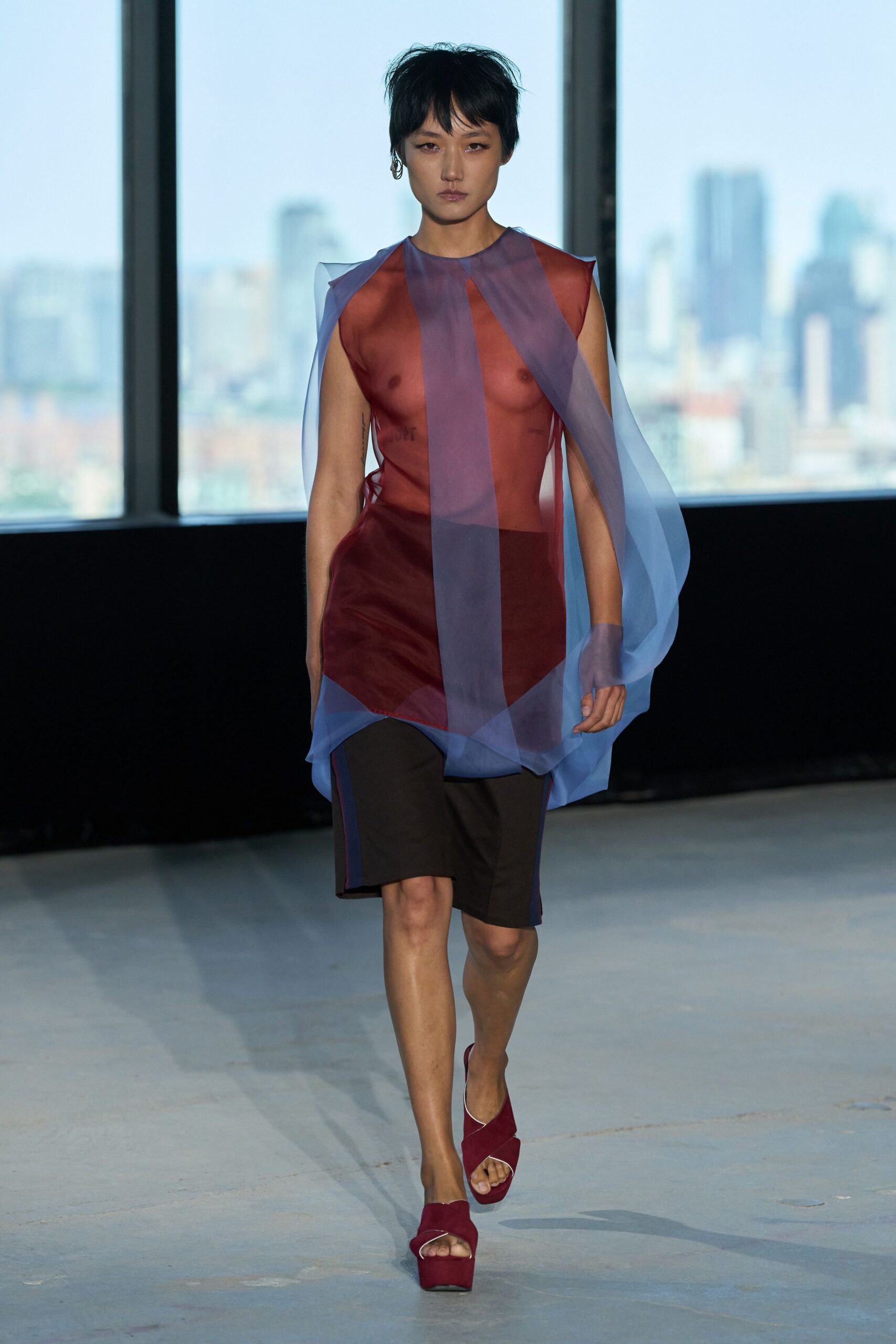 red organza sleeveless high-neck fitted color-blocked draped dress