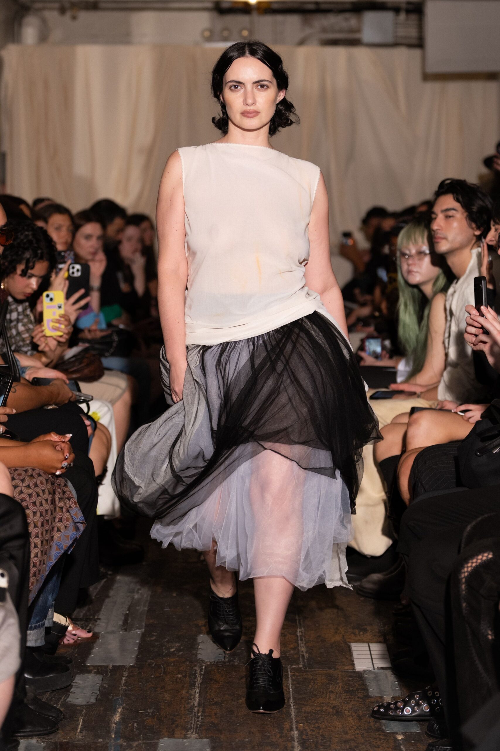 white tulle sleeveless high-neck layered draped dress