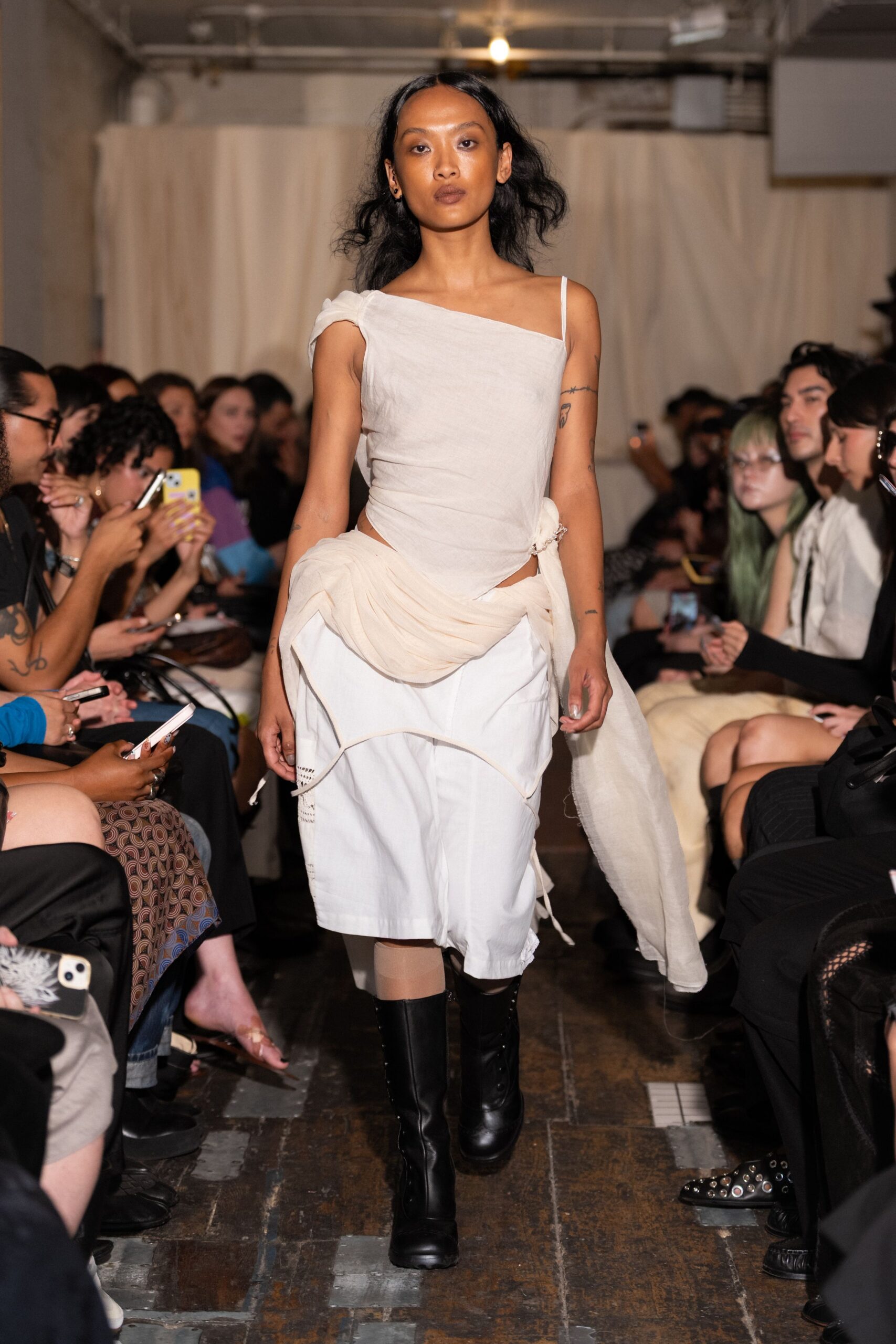 deconstructed asymmetric draped ivory dress