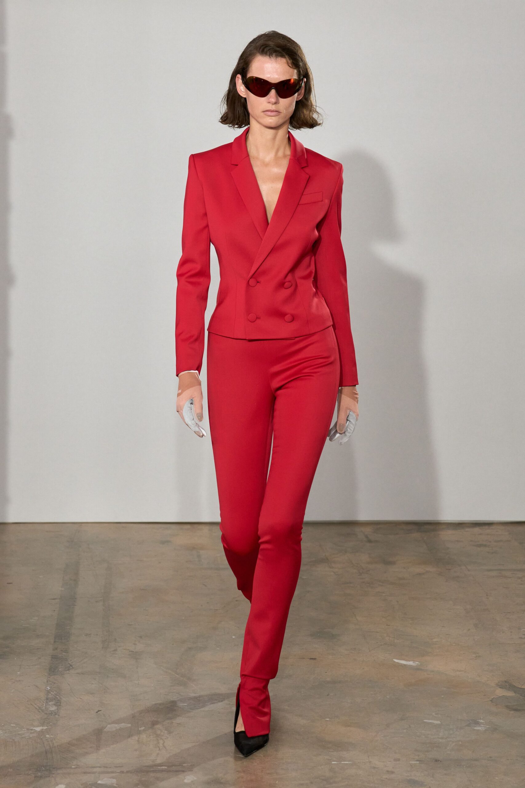 cropped red double-breasted blazer