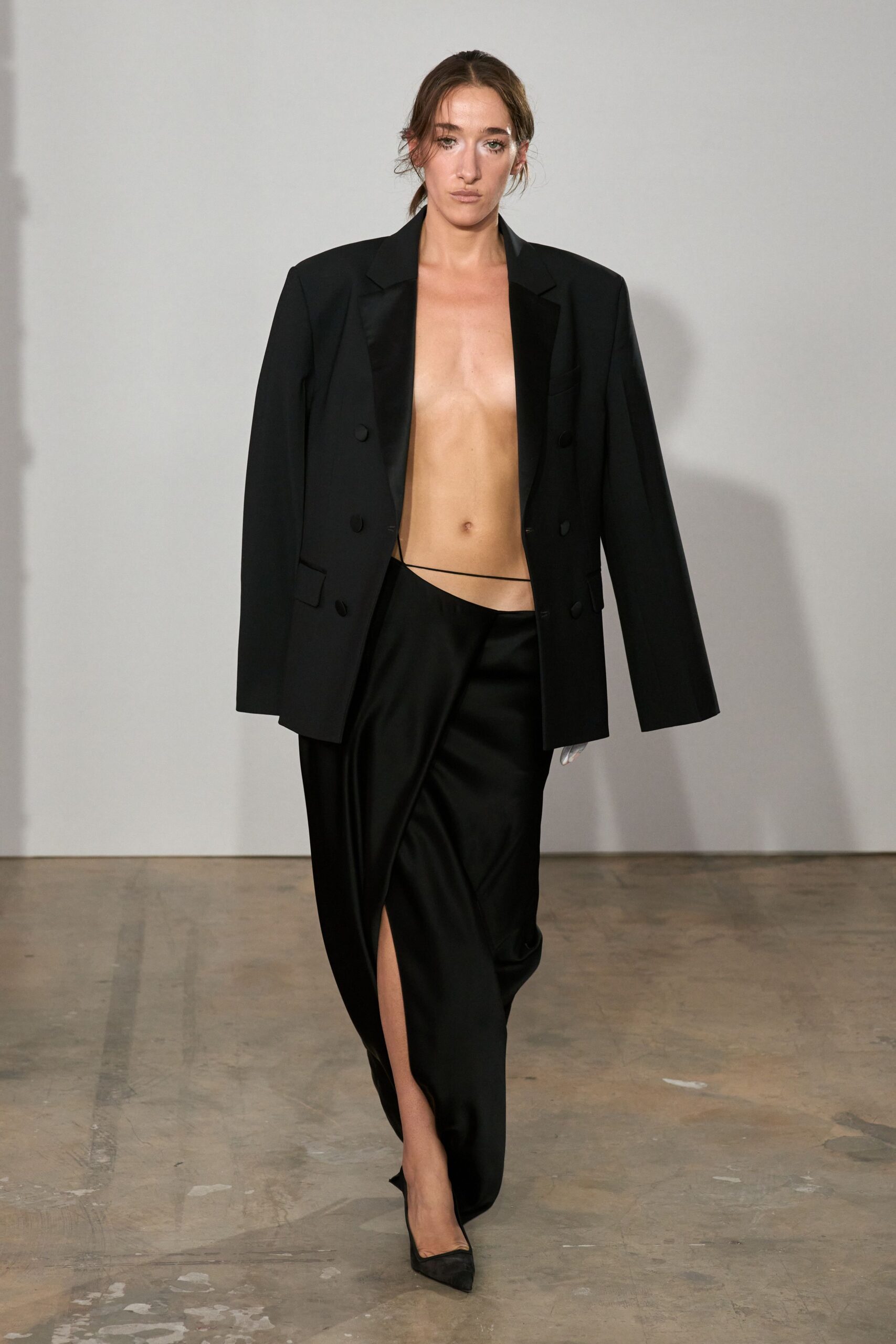 black satin bias-cut maxi skirt