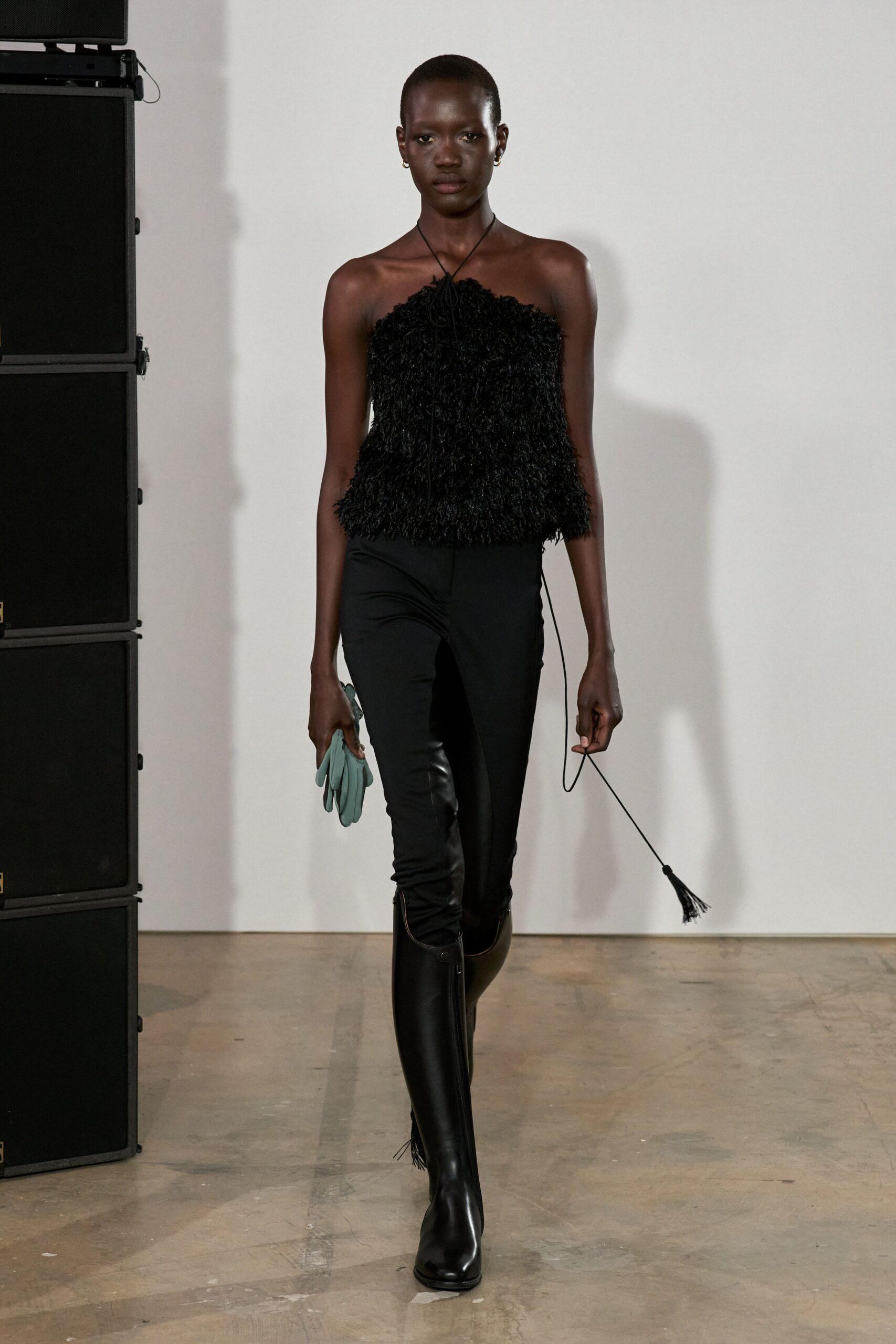 black feathered strapless top